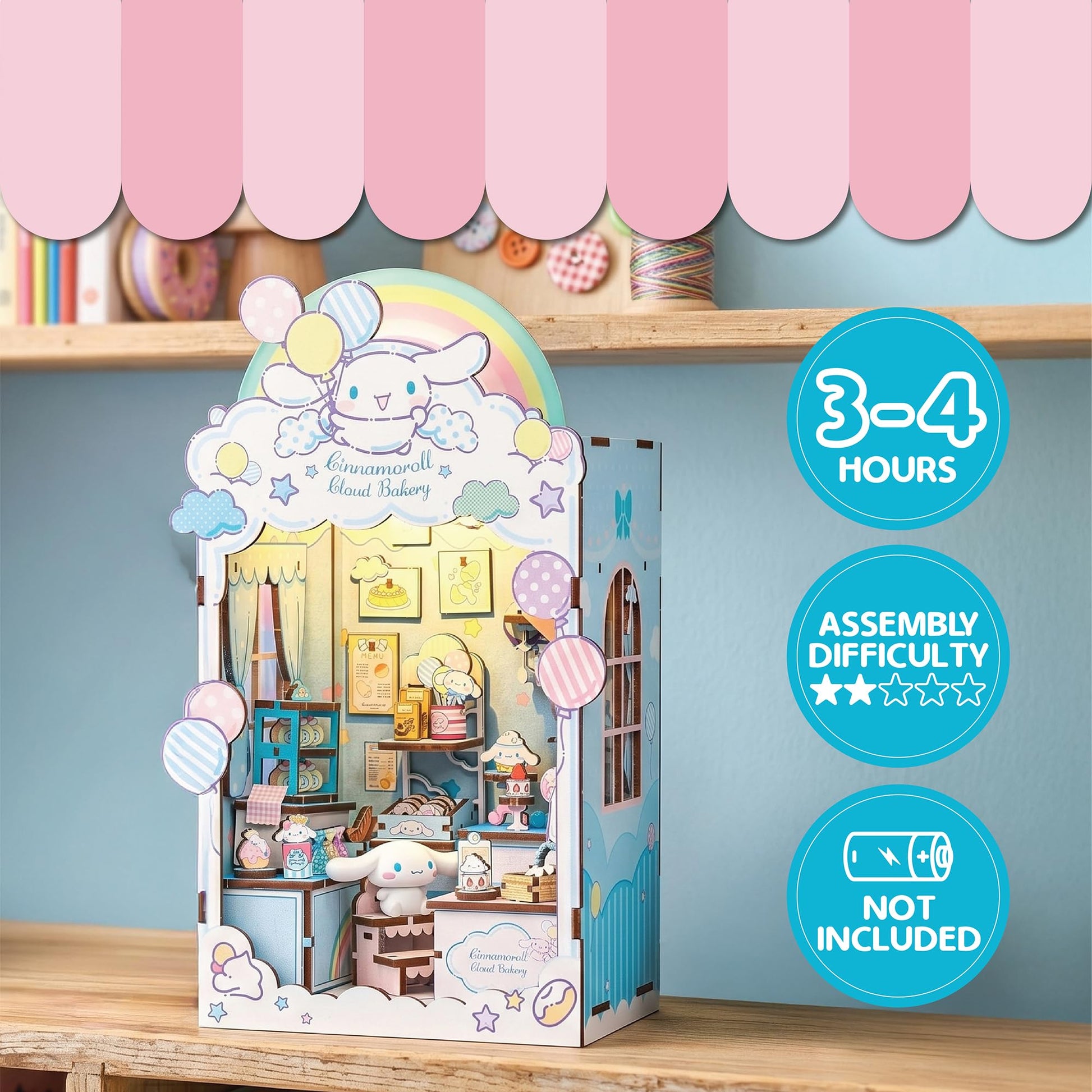 Hands Craft Cinnamoroll Cloud Bakery Book Nook Kit with Cinnamoroll Figurine - Kawaii 3D Puzzle with Touch Activated LED Lights - DIY Wooden Craft Kit