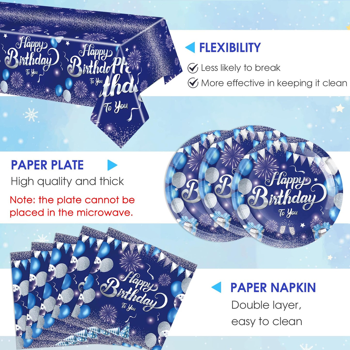 41 PCS Blue Birthday Decorations Blue and Silver Theme Tableware Sets Included Navy Blue Party Plates and Napkins Tablecloth for Men Women Birthdays