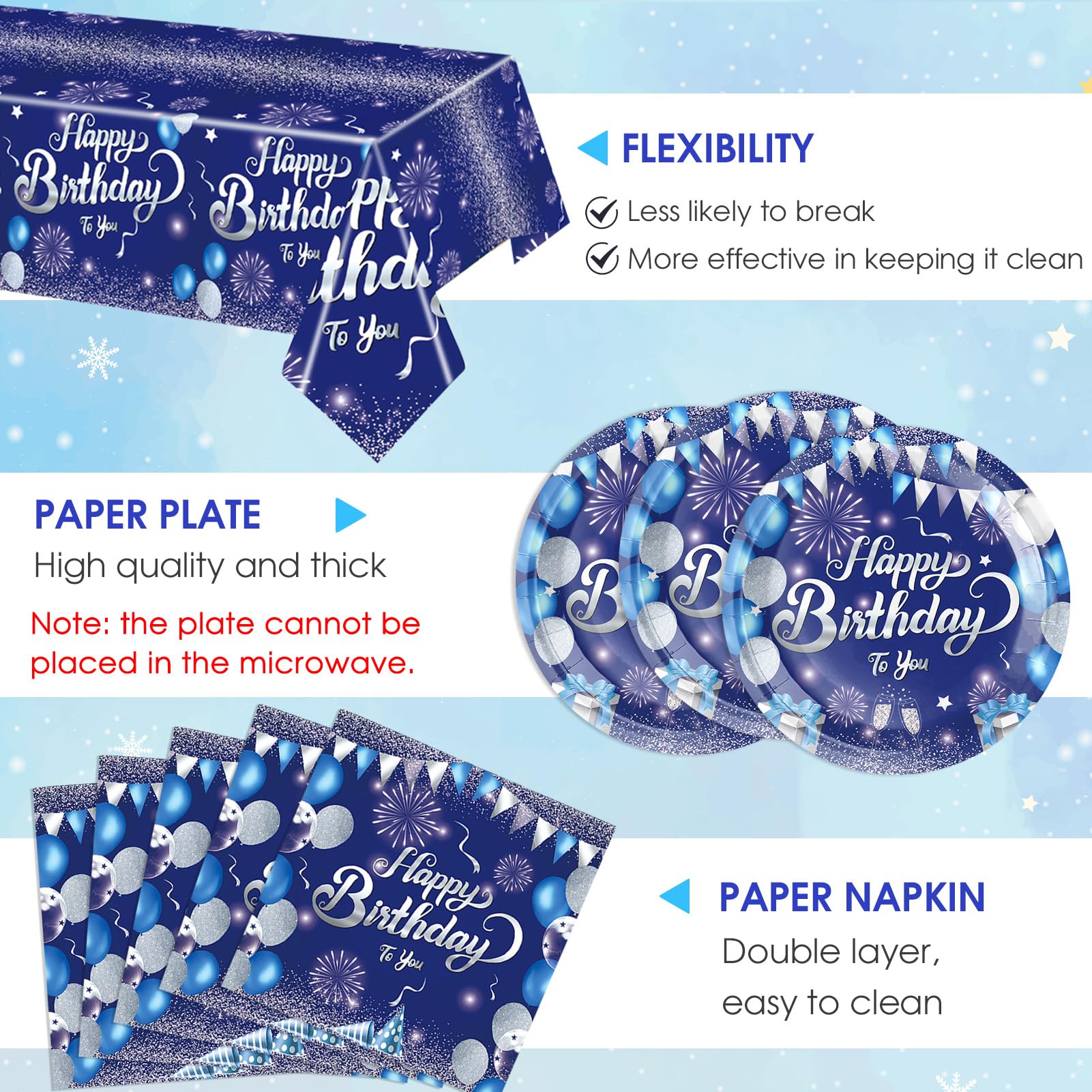 41 PCS Blue Birthday Decorations Blue and Silver Theme Tableware Sets Included Navy Blue Party Plates and Napkins Tablecloth for Men Women Birthdays