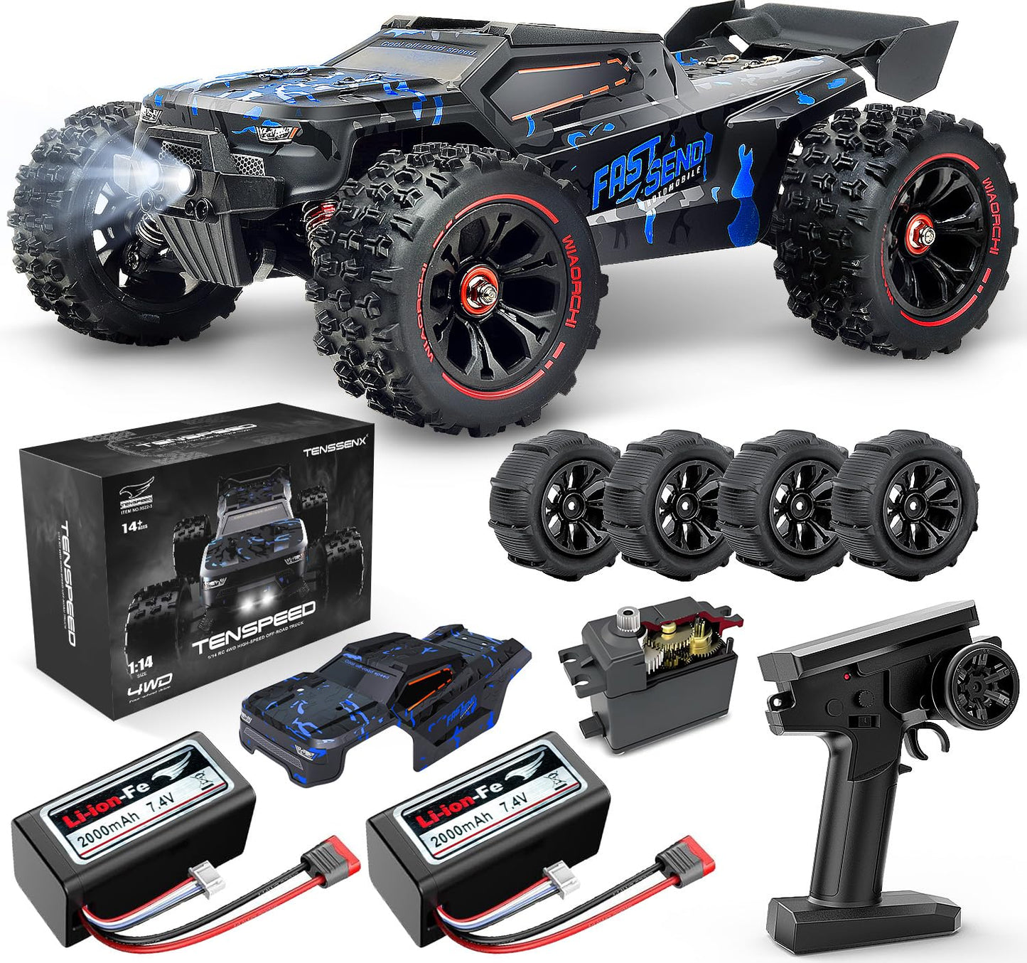 1:14 Scale RC Cars for Adults, 60KPH High Speed RC Truggy, 4X4 Off-Road Remote Control Truck, Waterproof Electric Car with 2S Battery, All Terrain RC