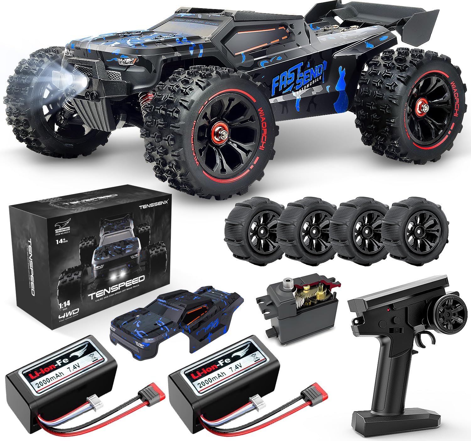 1:14 Scale RC Cars for Adults, 60KPH High Speed RC Truggy, 4X4 Off-Road Remote Control Truck, Waterproof Electric Car with 2S Battery, All Terrain RC