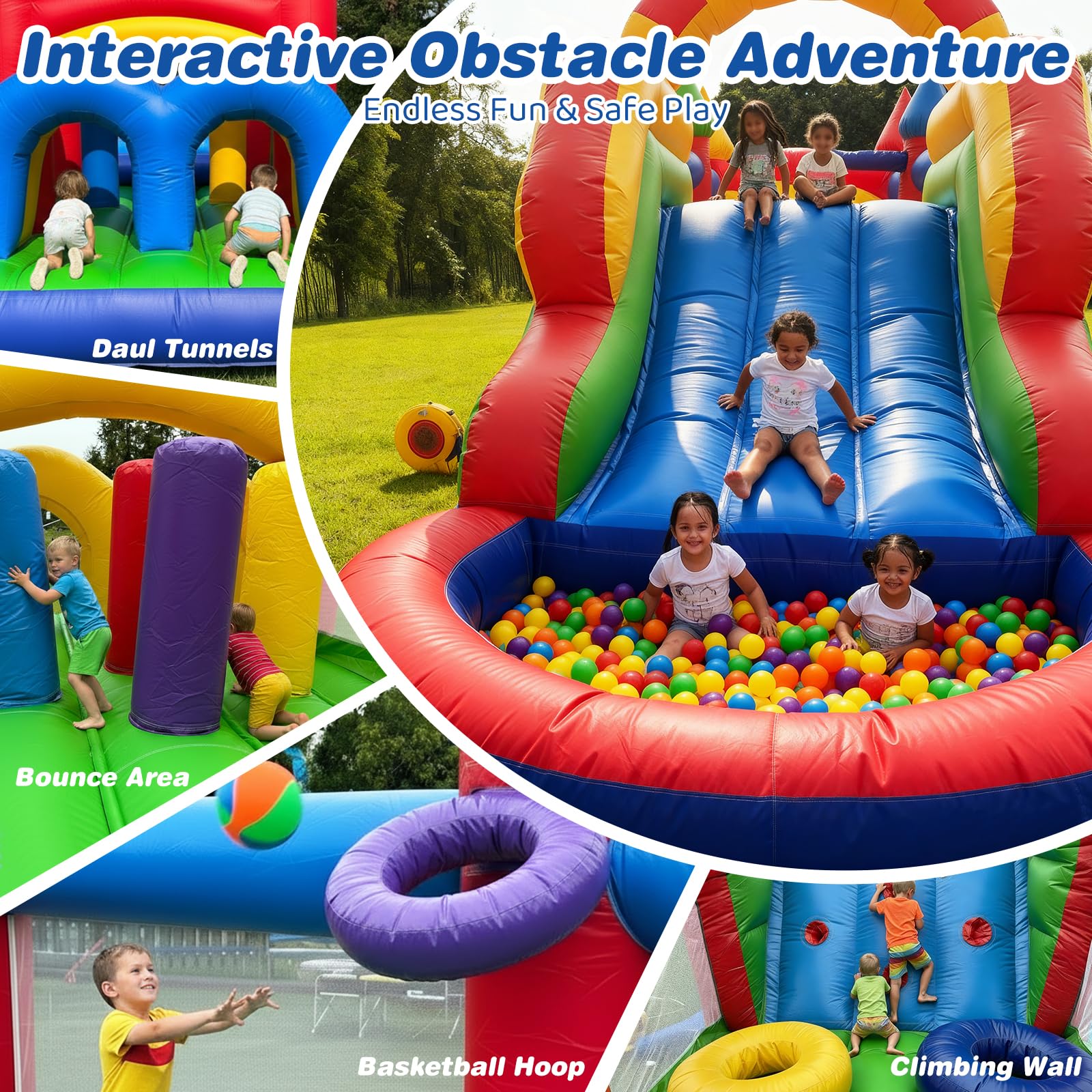 GR8FUN 26FT Inflatable Obstacle Course, Castle Bounce House with Blower, PVC Inflatable Obstacle Course with Tunnel & Slide, Jumping Bouncer for Home