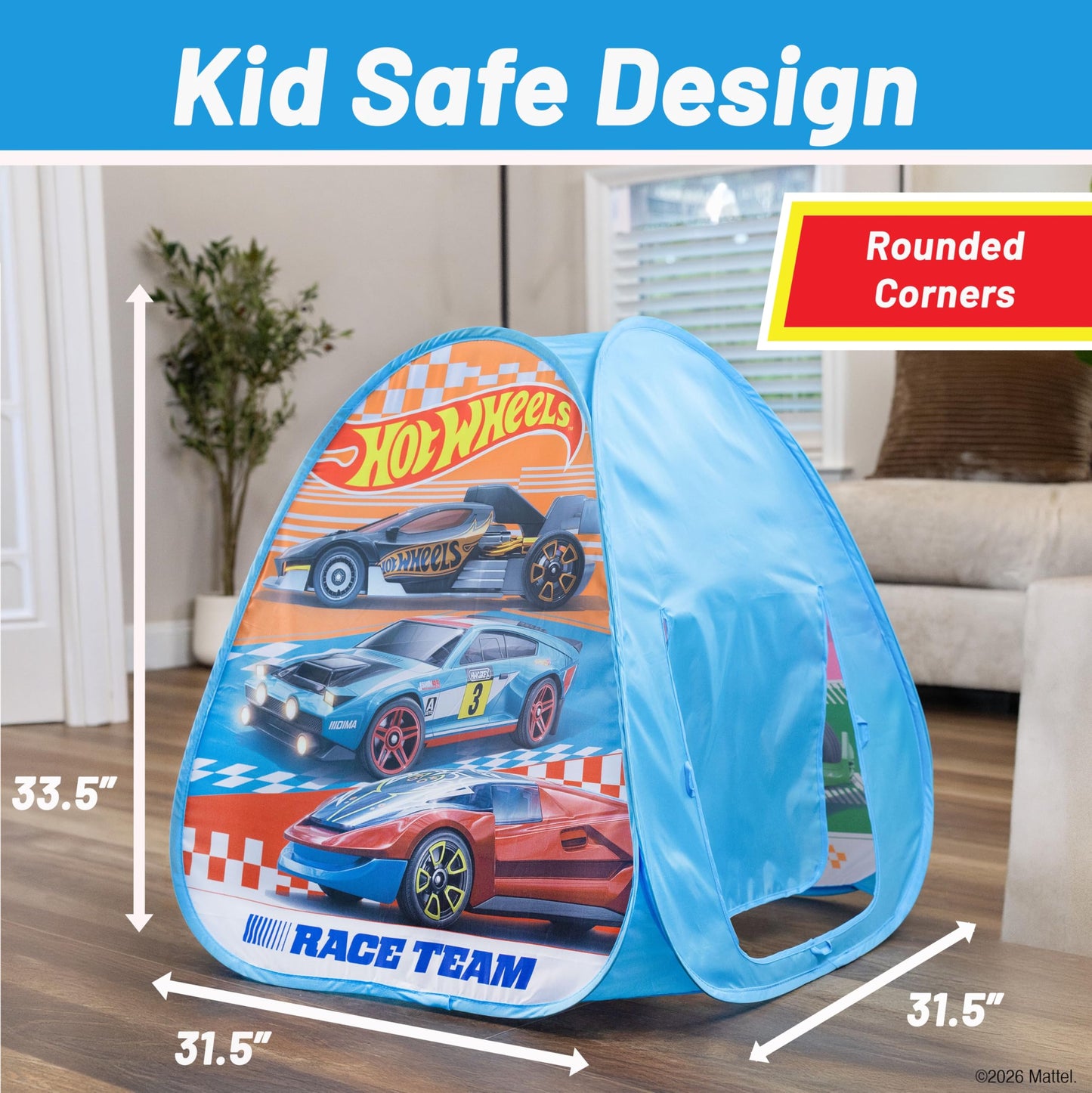 Hot Wheels™ Speed Zone Pop Up Play Tent for Kids - Triangle Indoor Playhouse with Peek Through Window - Easy Setup, Folds Flat for Storage - Safe