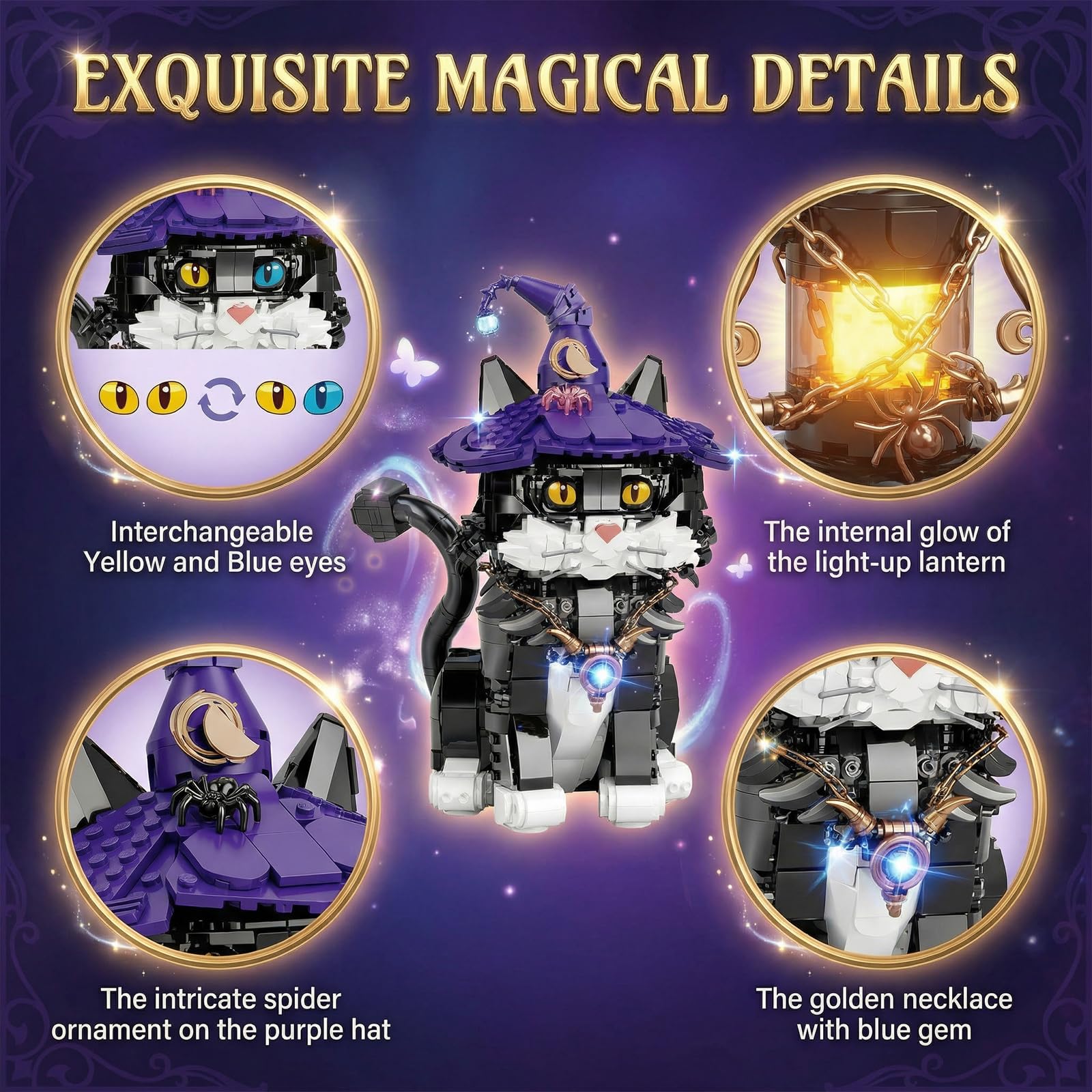 LANGLICHUN Magic Wizard Cat Building Block Set Pieces Unique Animal Cat Model Adults for Teena Creative Collectible Gift Home Office Decor Halloween