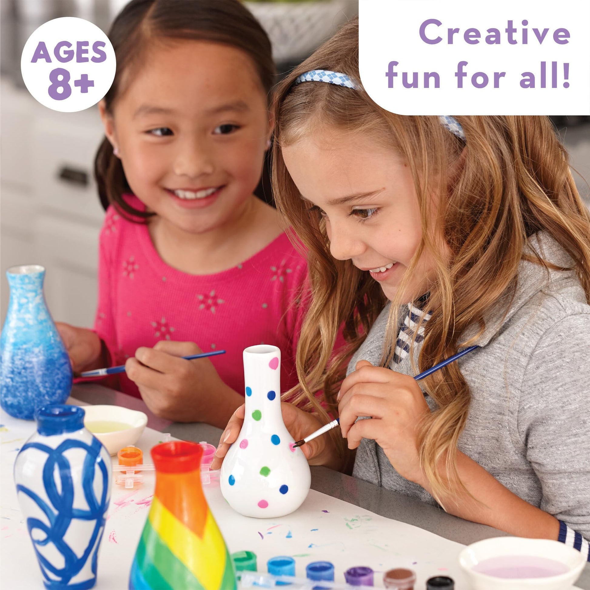 MindWare Paint Your Own Porcelain Vases Kit for Kids Ages 8+, 3 Ceramic Vases, 12 Paints, Brush, Guide, Bake & Display DIY Arts and Crafts Gift Set