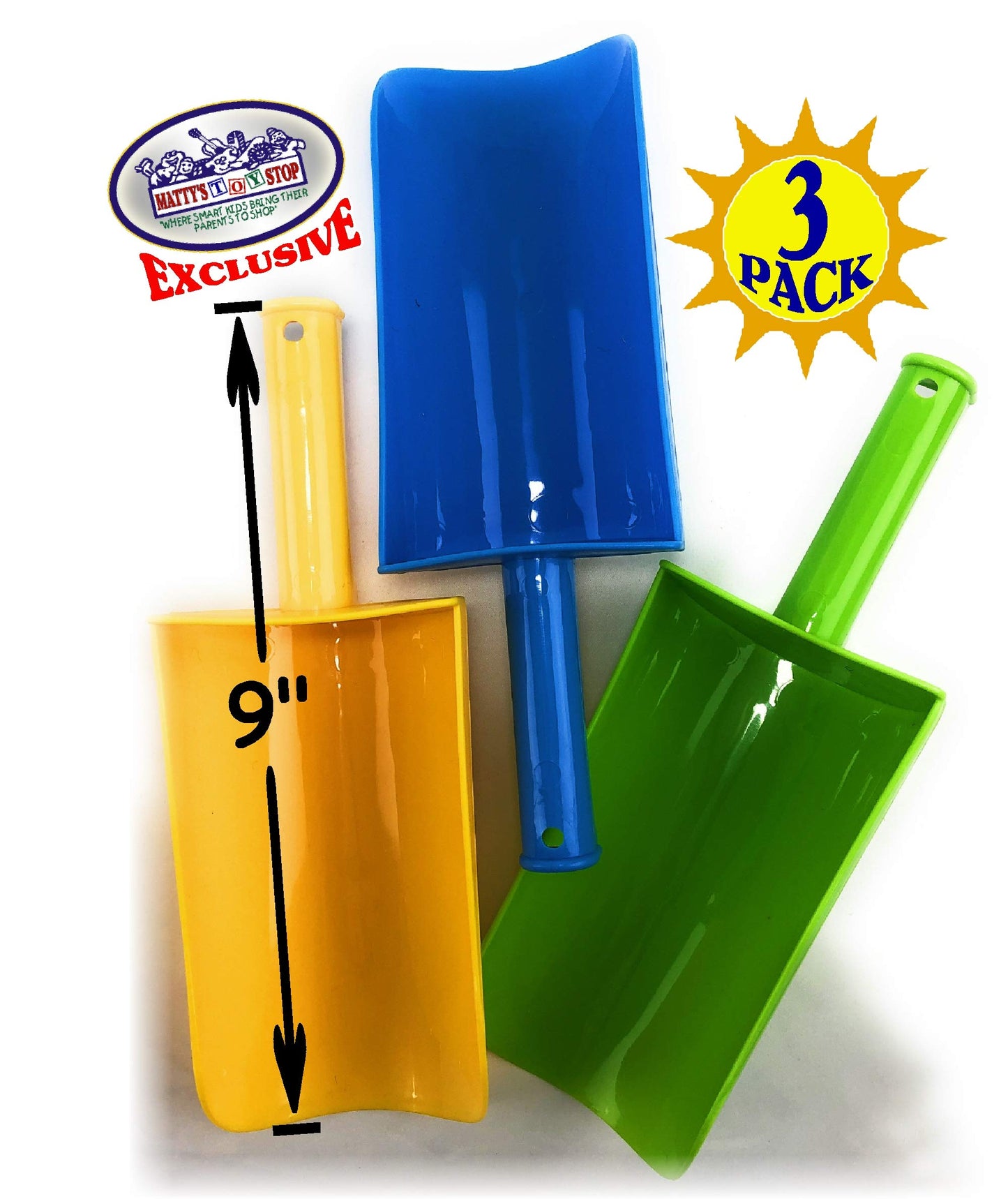Matty's Toy Stop 9" Kids Short Handle Sand Scoop Plastic Shovels for Sand & Beach (Yellow, Blue & Green) Gift Set Bundle - 3 Pack