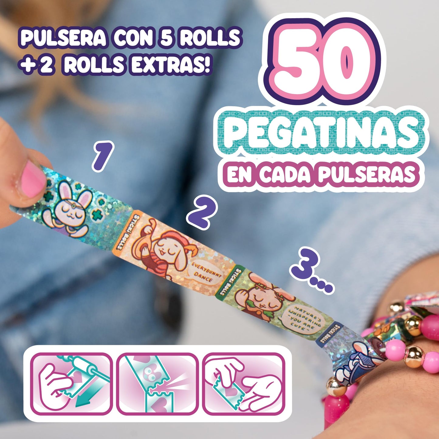SKY CASTLE - Sticki Rolls Band Single Pack, Wristbands with Stickers, Rolls of Stickers with Kawaii Theme, 50 Stickers per Bracelet, 2 Extra