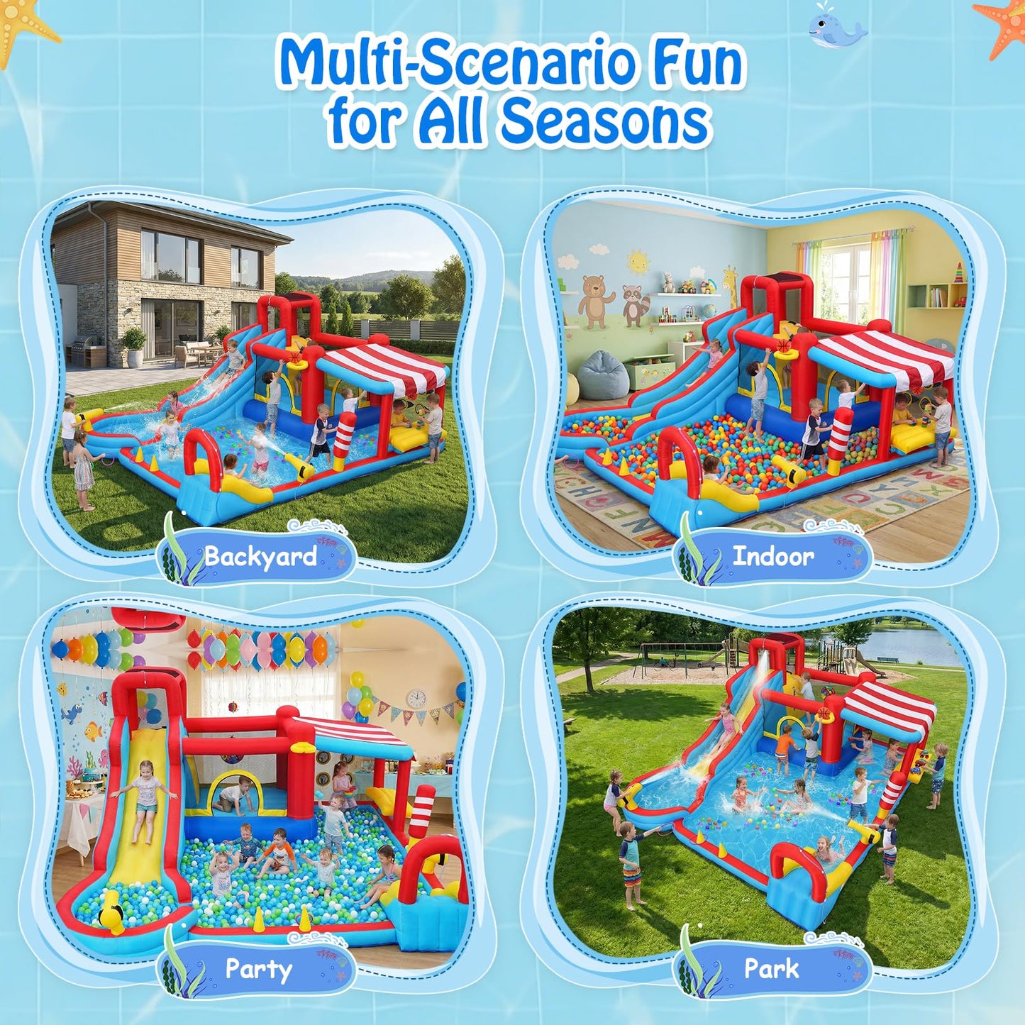 AKEYDIY Water Slide for Kids, 15-in-1 Inflatable Water Bounce House Backyard Snack Stand with Canopy, Waterslide with Long Slide & Large Pool for Kids