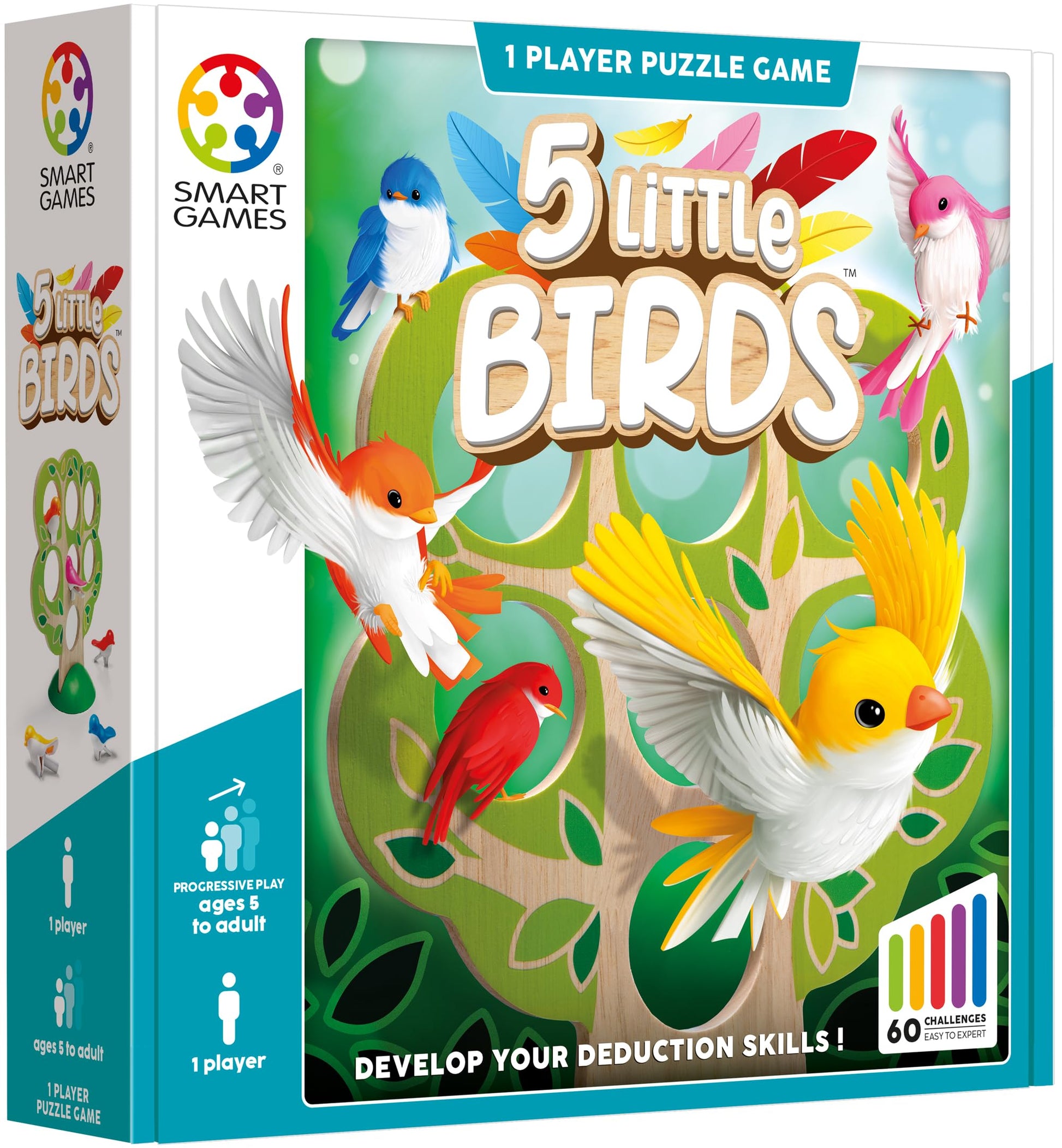 SmartGames 5 Little Birds Wooden Logic Puzzle Game with 60 Challenges - Deduction Game for Ages 5+