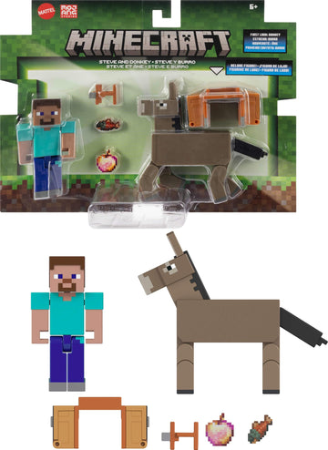 Mattel Minecraft Action Figures & Accessories 2-Pack, Steve & Donkey in 3.25-inch Scale, Collectible Toy Set