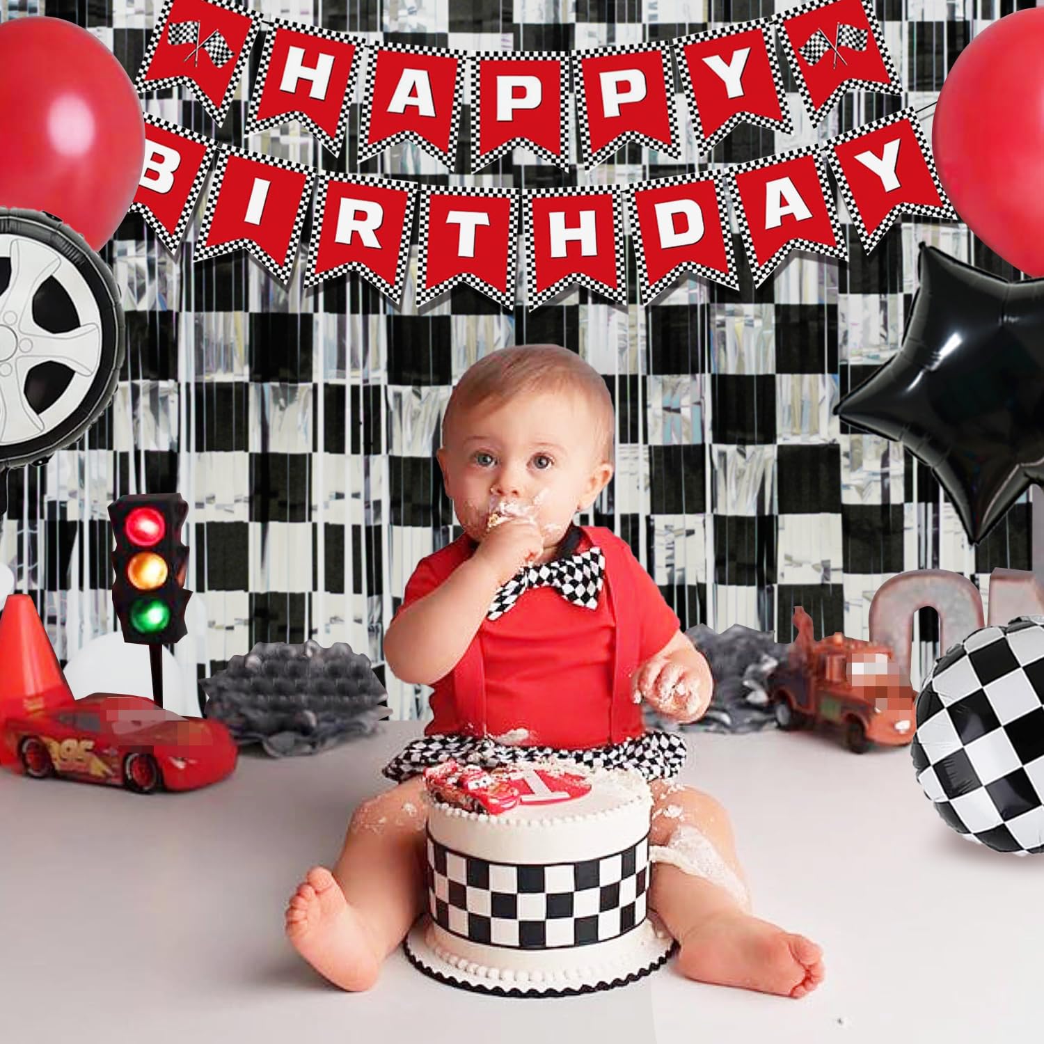 Race Car Birthday Party Decoration, 2 Pack Race Car Party Backdrop Photo Booth Prop, Black and Silver Checkered Fringe Curtains Tinsel Photo Streamers