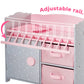 Olivia's Little World Wooden Baby Doll Crib with a Cabinet and Two Cubbies for Doll Accessory Storage Underneath, Pink and Gray and White Polka Dots