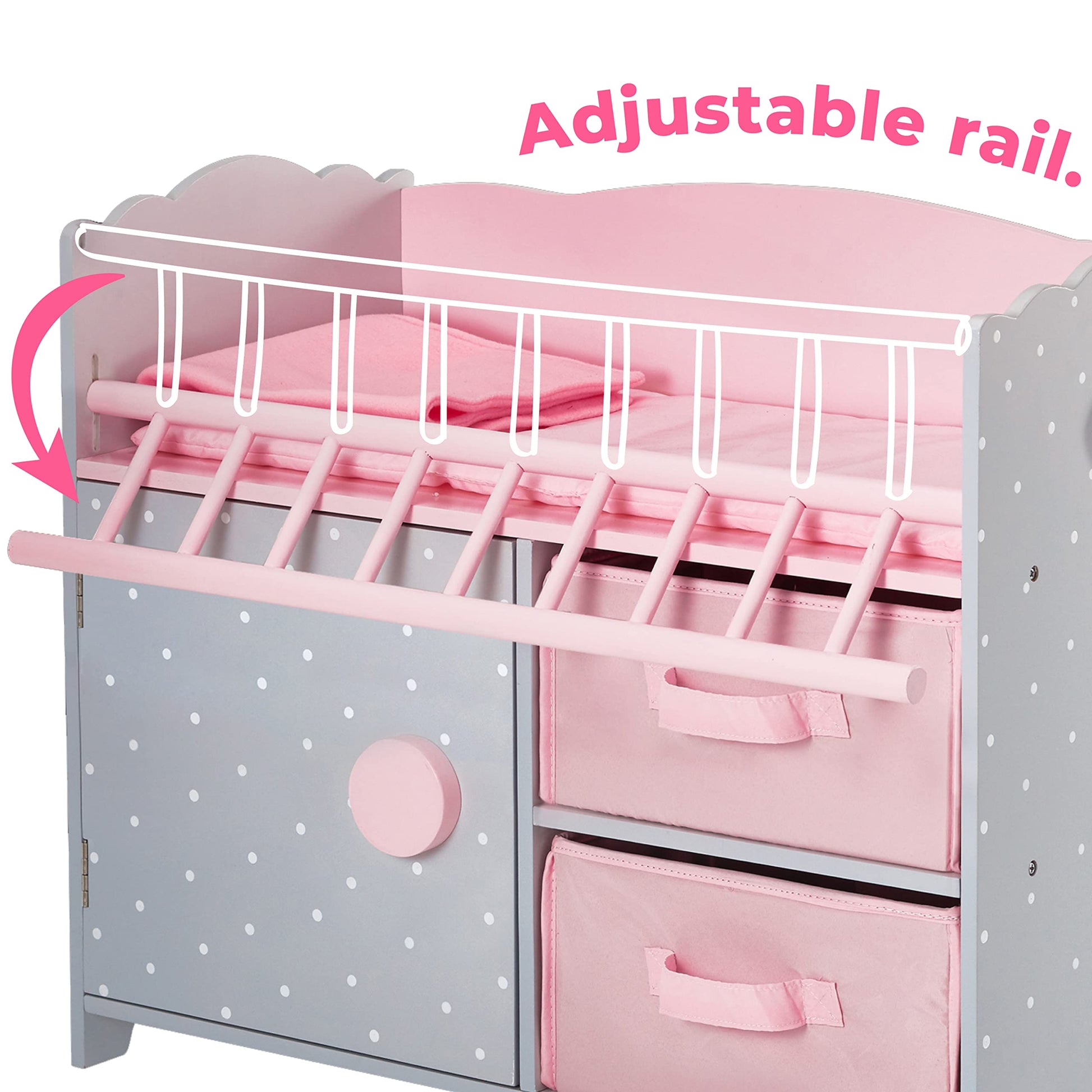 Olivia's Little World Wooden Baby Doll Crib with a Cabinet and Two Cubbies for Doll Accessory Storage Underneath, Pink and Gray and White Polka Dots