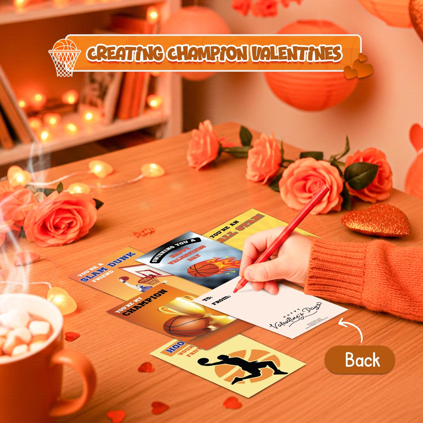 4E's Novelty Basketball Valentine Box with 32 Cards - DIY Basketball Valentines Box Kit, Valentines Card Box for Boys School, Valentines Cards
