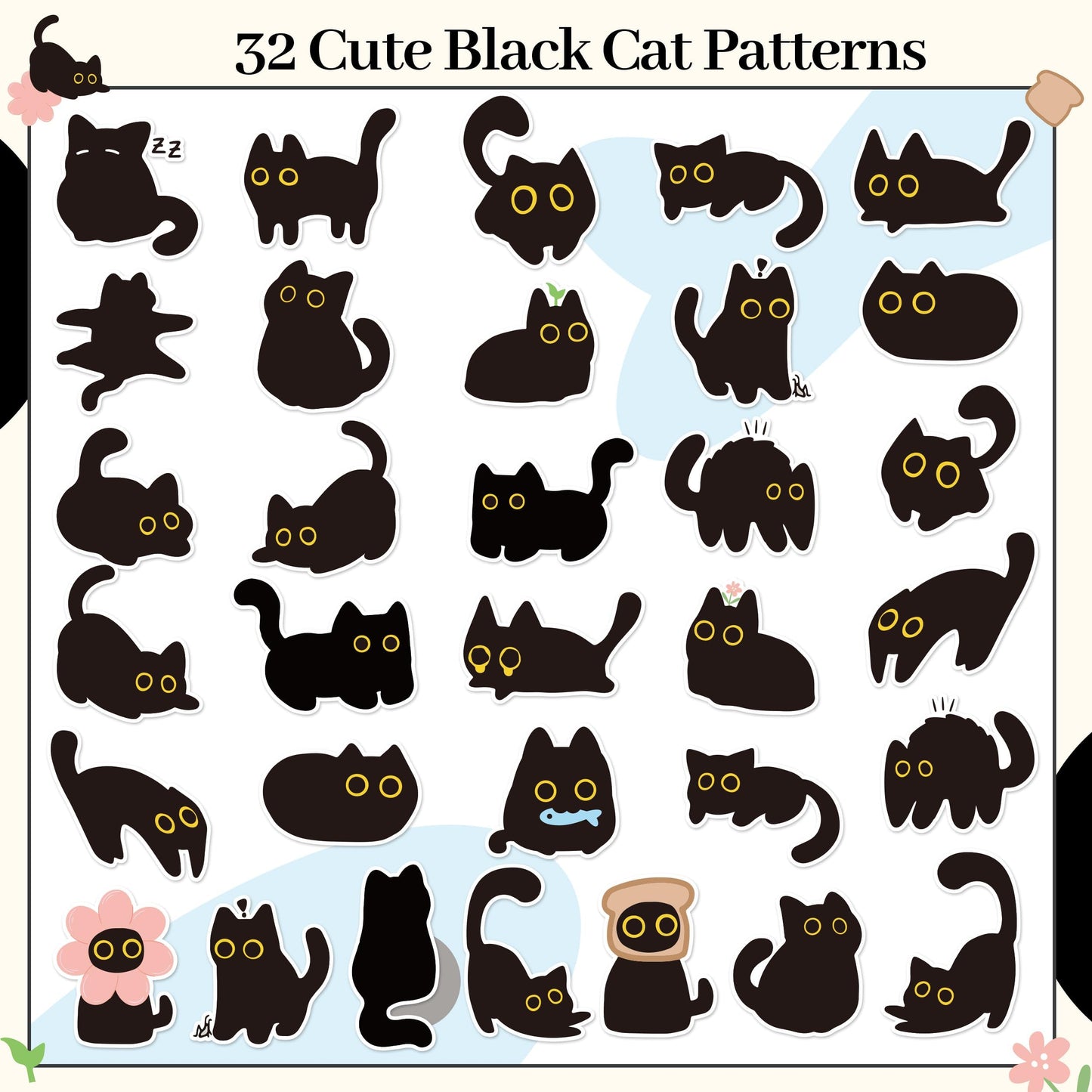 DSjuedui Black Cat 4 Roll Stickers - 2000Pcs Funny Cute Cartoon Meme Decorative Decals for Girls Boys Water Bottles Guitar Skateboard Laptop Kids