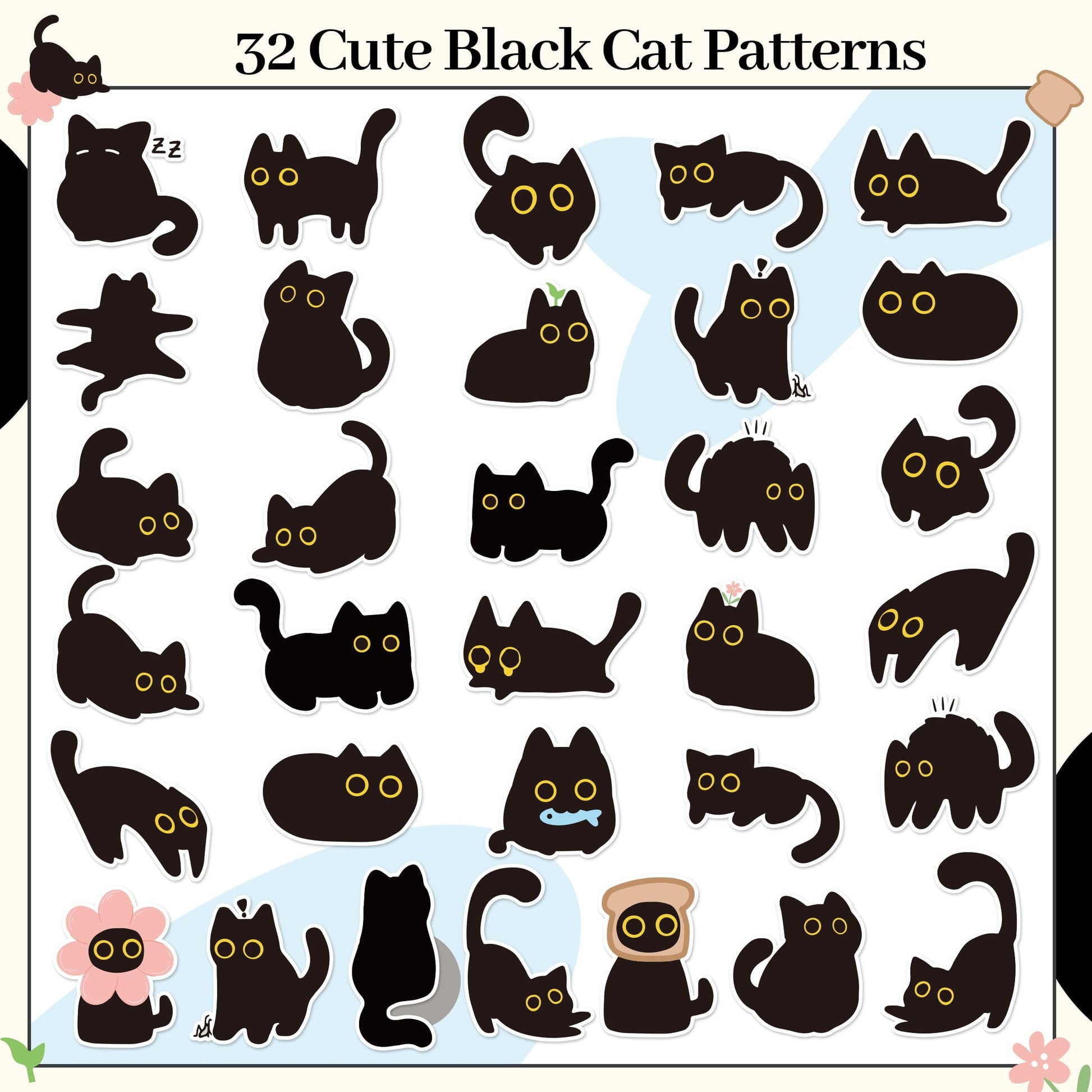 DSjuedui Black Cat 4 Roll Stickers - 2000Pcs Funny Cute Cartoon Meme Decorative Decals for Girls Boys Water Bottles Guitar Skateboard Laptop Kids