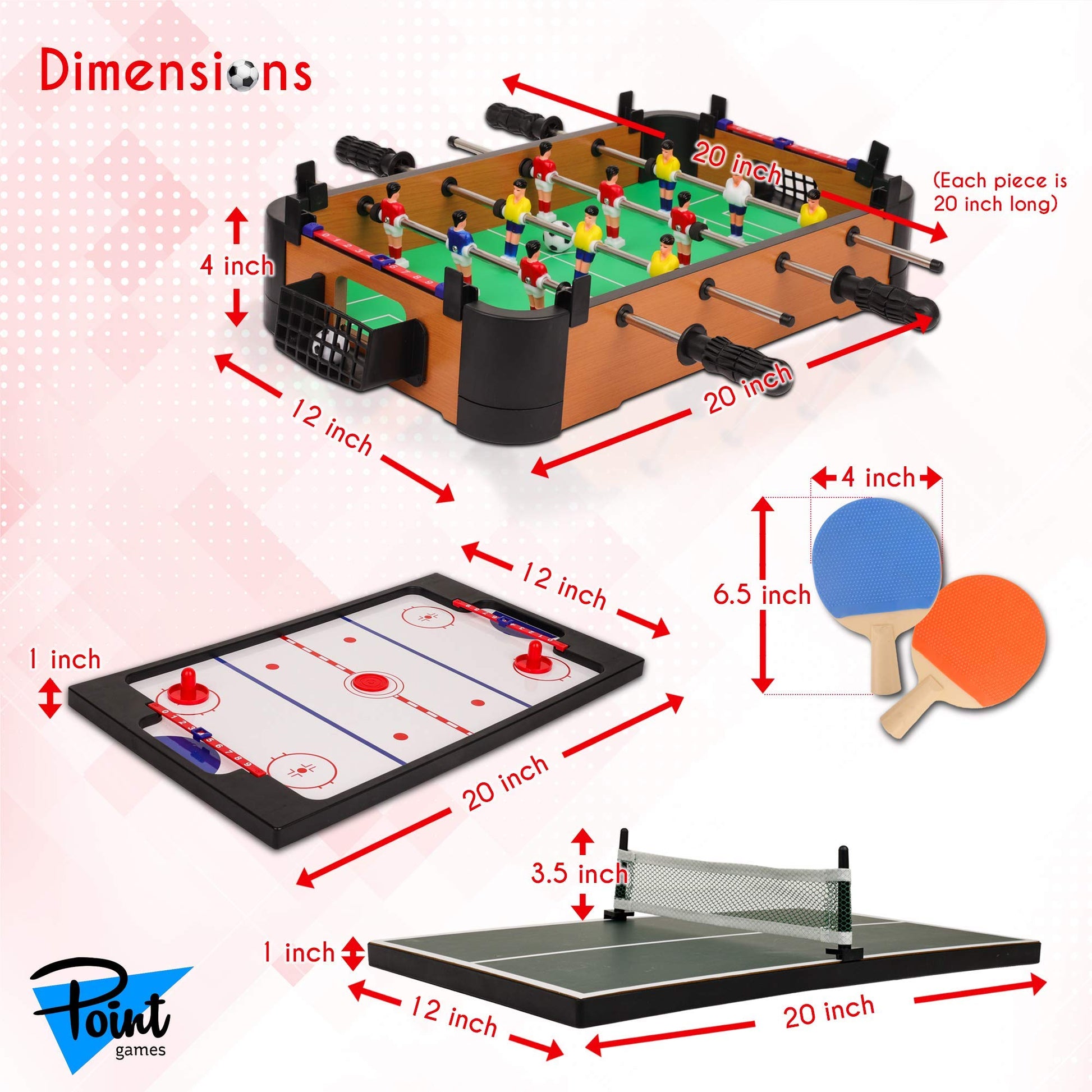 Point Games 3 in 1 Small Multi Game Set, Foosball, Air Hockey, Table Tennis - Portable Mini Arcade Table for Easy Carry - Perfect Arcade Gift