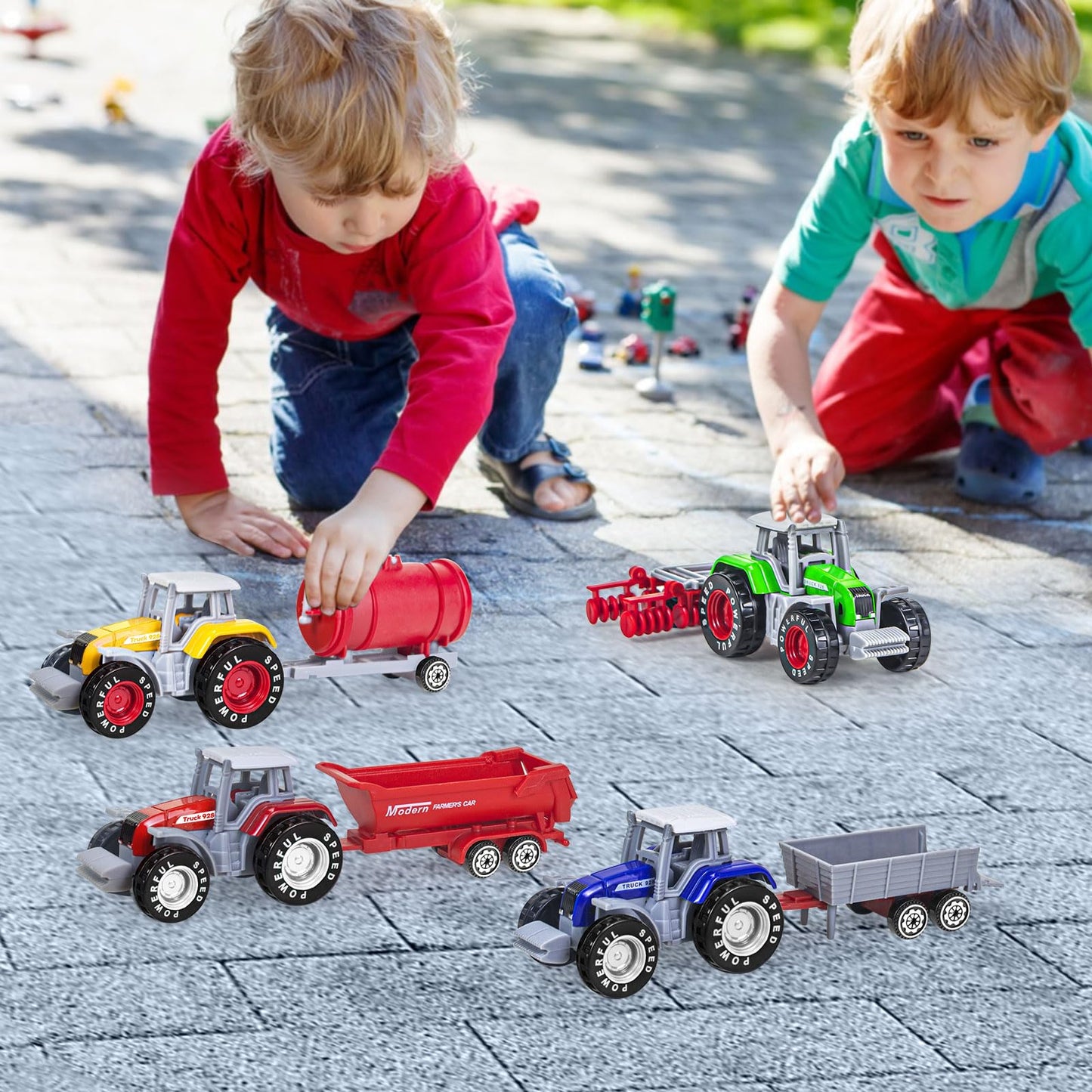 QUANA 4 Pack Farm Tractors, Plastic Farm Truck Toys for Kids Boys 3 4 5 6 7 8 Years Old, Detachable Farm Vehicles Playset Birthday Party Birthday