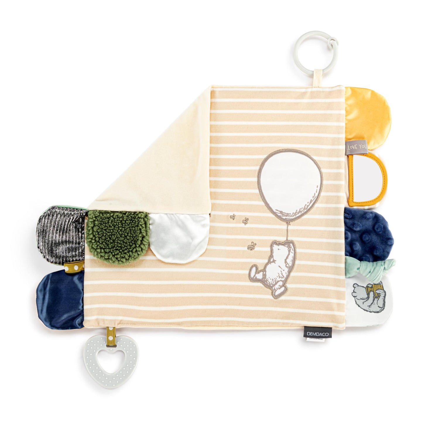DEMDACO Mommy & Me Neutral Color, 17 x 11.5 Inch Textured Fabric, Teething Ring, Stroller Clip-on, Activity Blanket, Blankie, Tan and White, Pooh