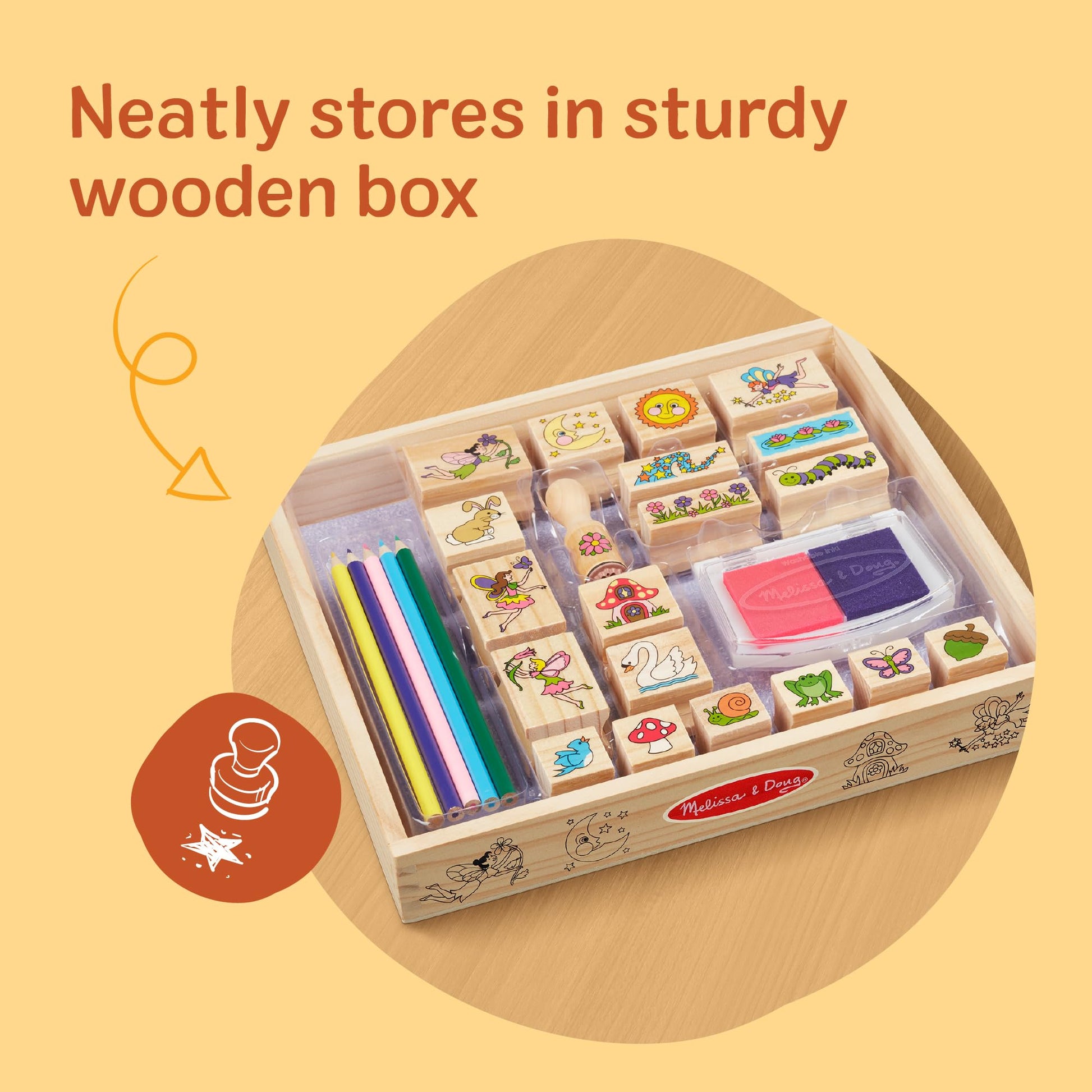 Melissa & Doug Stamp-a-Scene Stamp Pad: Fairy Garden - 20 Wooden Stamps, 5 Colored Pencils, and 2-Color Stamp Pad