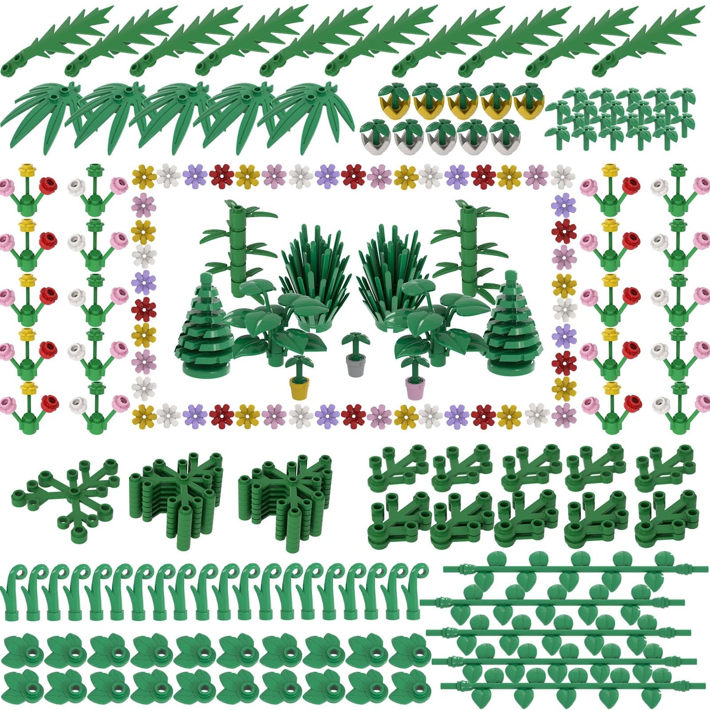 LANMANUO Garden Plants Building Bricks Set, 310PCS Flowers Bushes Trees Palm Leaves Vines Grass Accessories, Jungle Forest Park DIY Scene Blocks