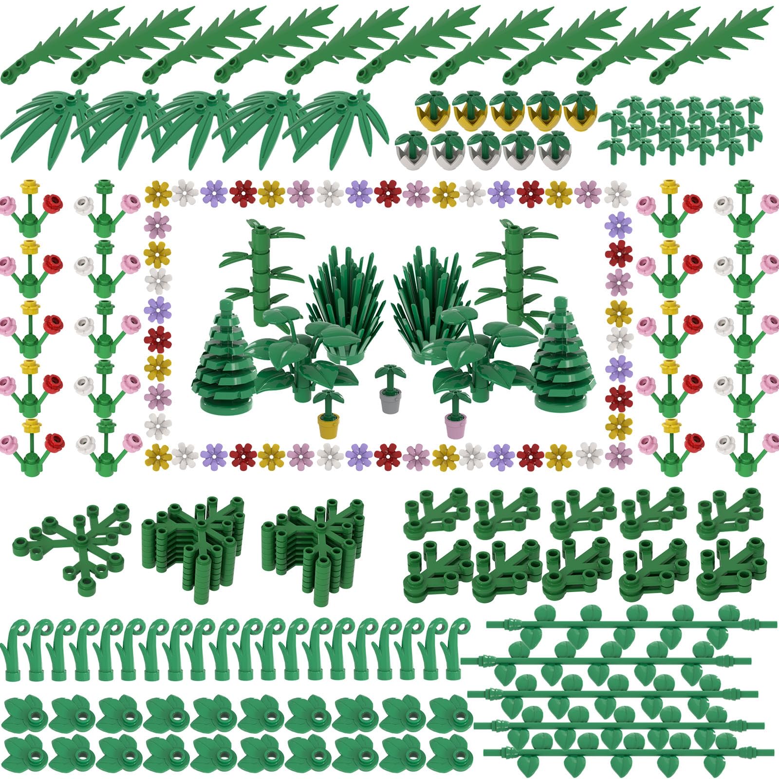 LANMANUO Garden Plants Building Bricks Set, 310PCS Flowers Bushes Trees Palm Leaves Vines Grass Accessories, Jungle Forest Park DIY Scene Blocks