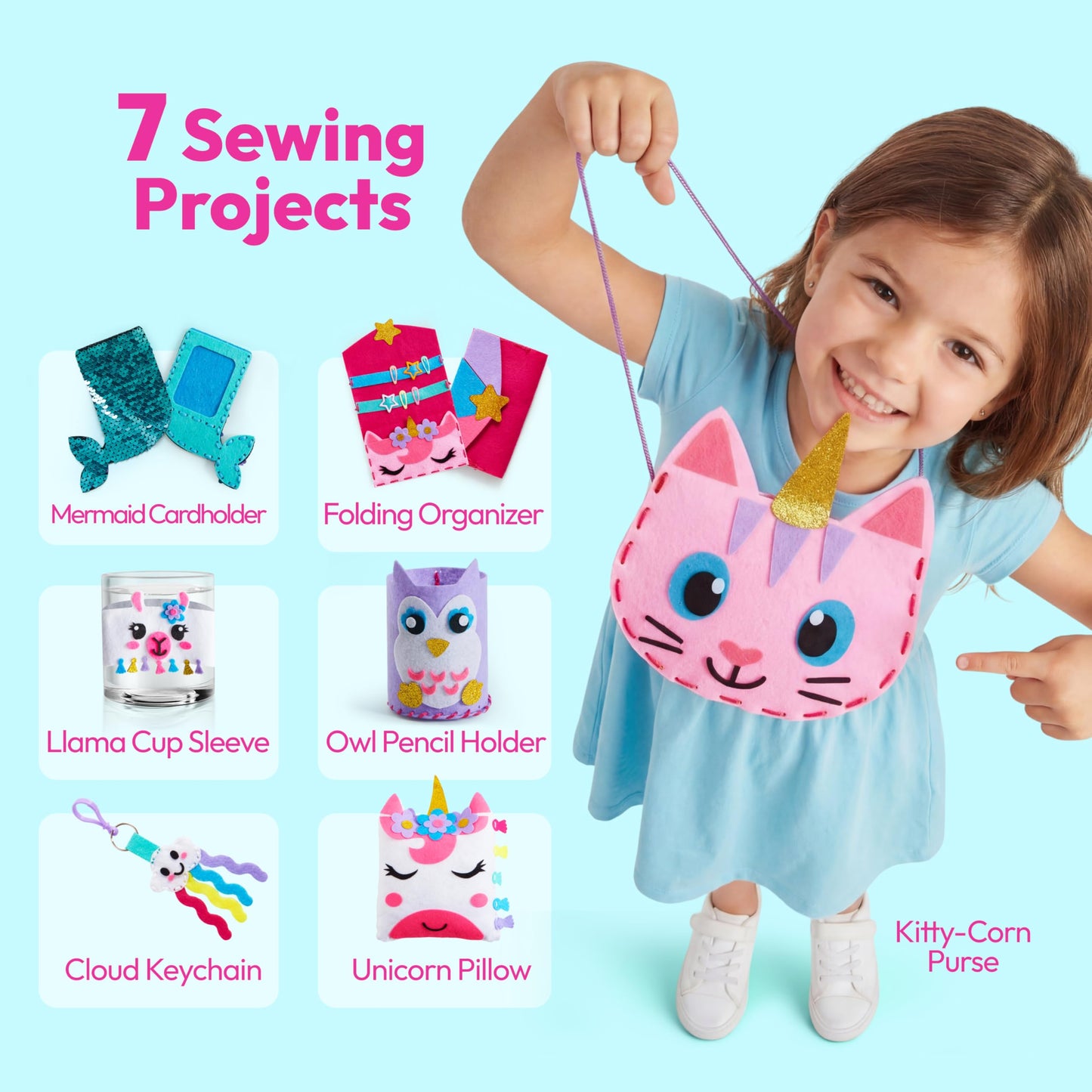 Klever Kits 7 Sewing Projects- My First Kids Sewing Kit- Easy DIY Arts and Crafts for Girls, Craft Kits, Birthday Gifts for Kids Aged 6+, Unicorn
