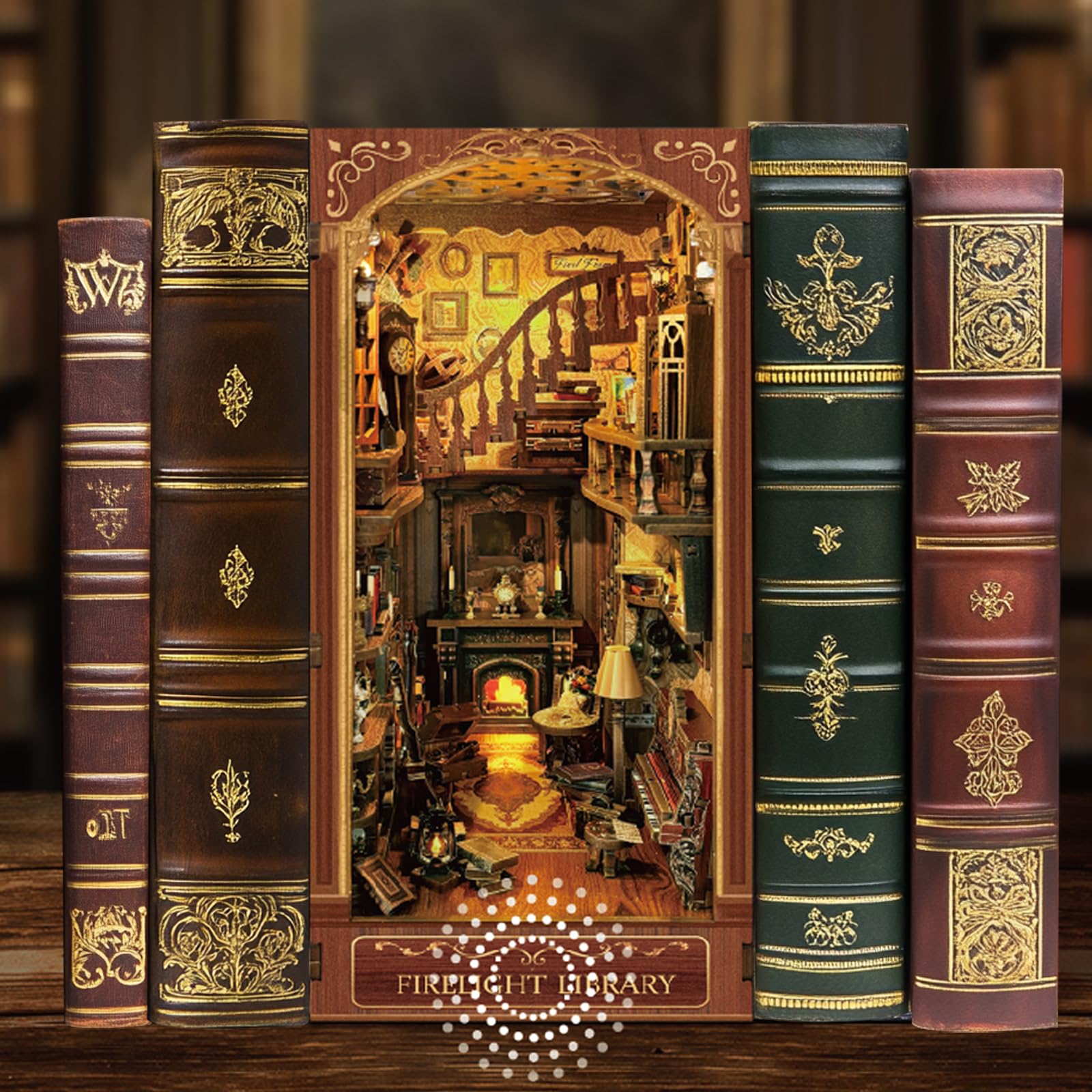 Firelight Library Book Nook, DIY Miniature House Puzzle for Magical Home Decor, 3D Bookshelf Decor for Adults and Beginners
