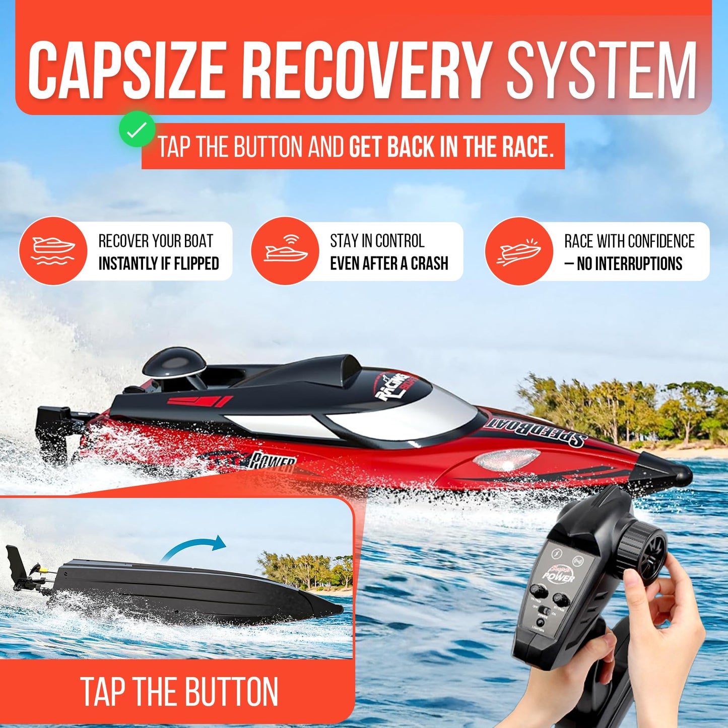REV-UP 18.5" Remote Control Boat for Adults, 21+ MPH Fast RC Boats for Kids, High Speed Electric Mini Jet Toy for Pool and Lake, Self-Righting
