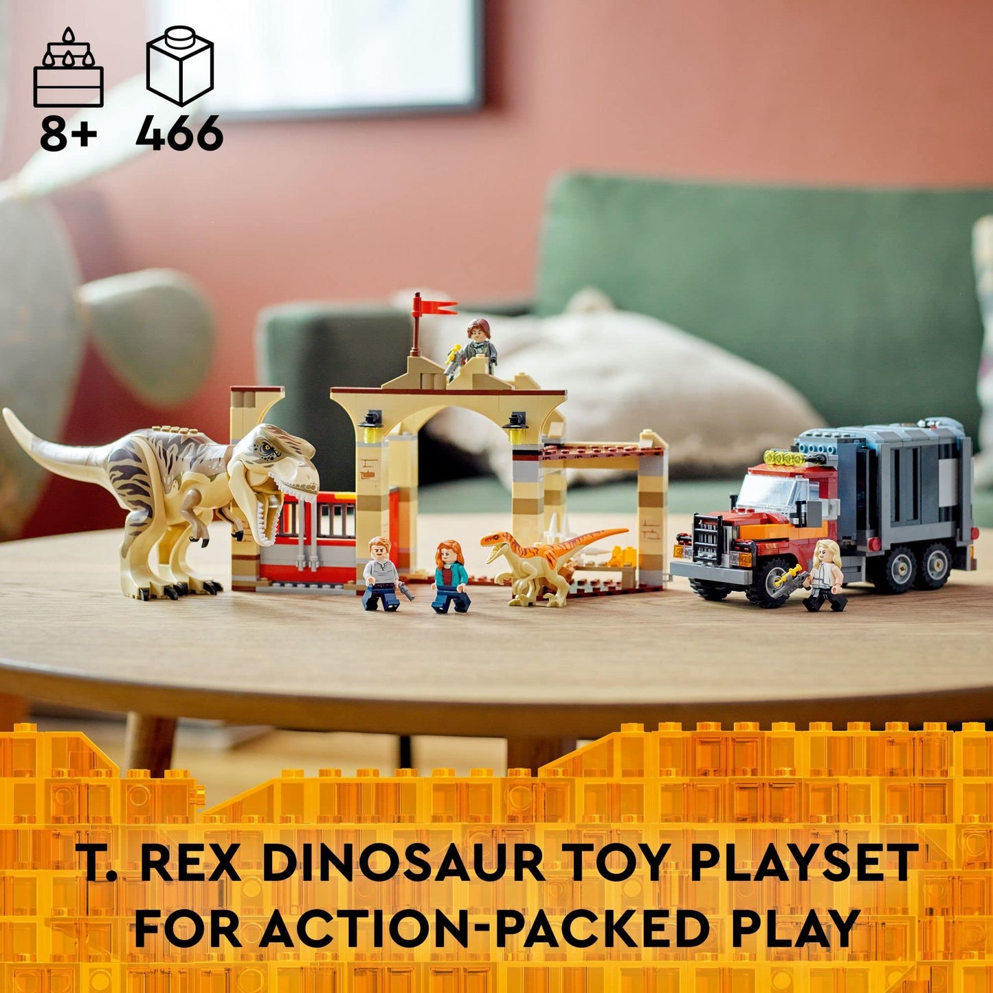 LEGO Jurassic World T. rex & Atrociraptor Dinosaur Breakout 76948 Dino Toy Set, Gift Toys for Kids Age 8 Plus with 4 Minifigures, Market and Truck,