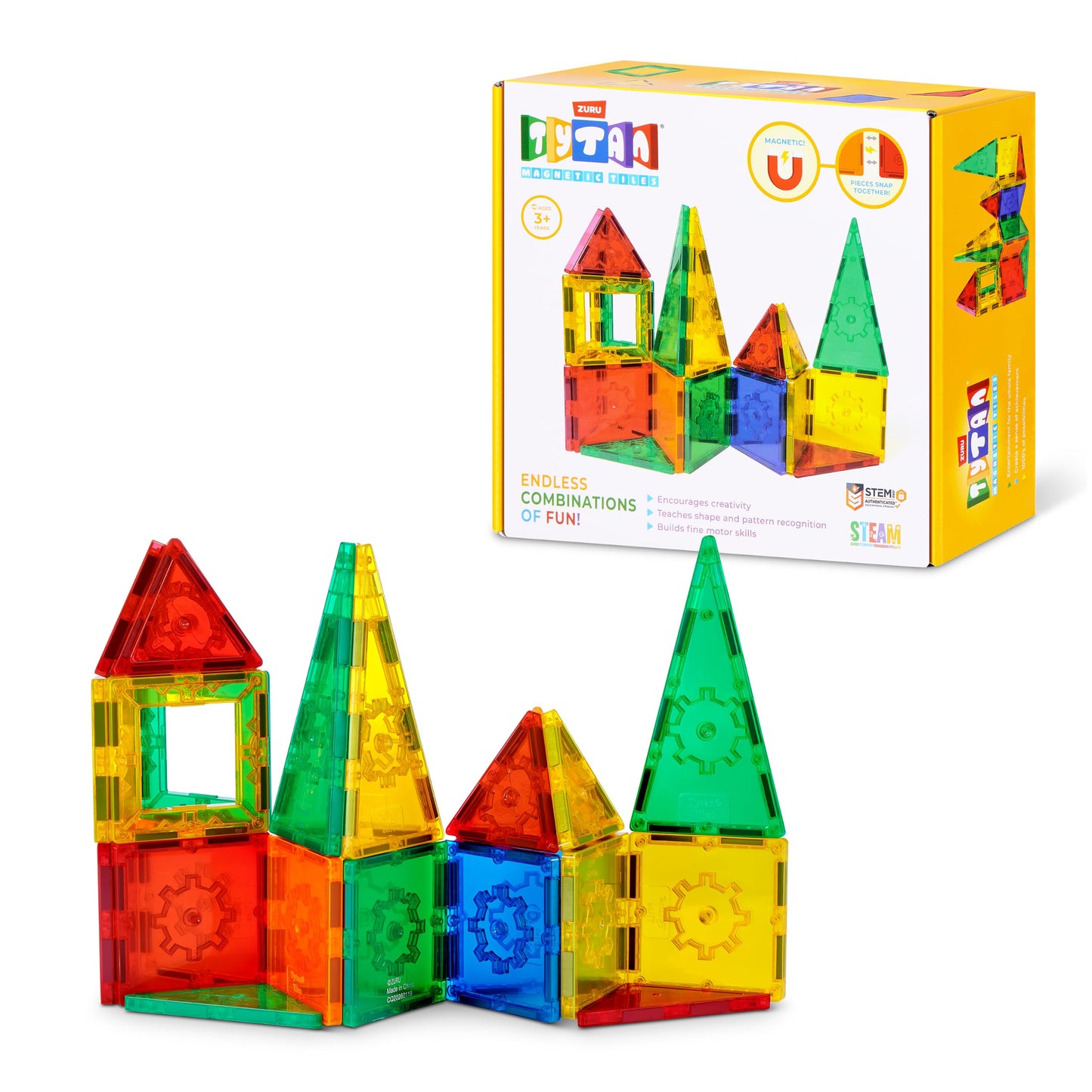 Tytan Magnetic Tiles 25-Piece Building Set by ZURU - Colourful STEM Construction Toy with Strong Snap-Fit Tiles for 2D and 3D Play, Includes Carry