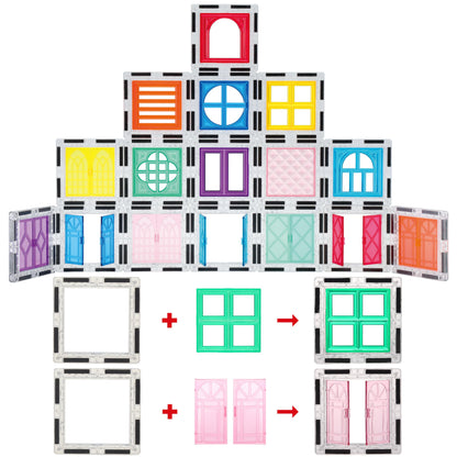 PicassoTiles 40pcs Magnetic Tiles Clip-in Window and Door Expansion Set, Magnetic Block Add-ons, Magnet Building Construction Toys, STEM Education
