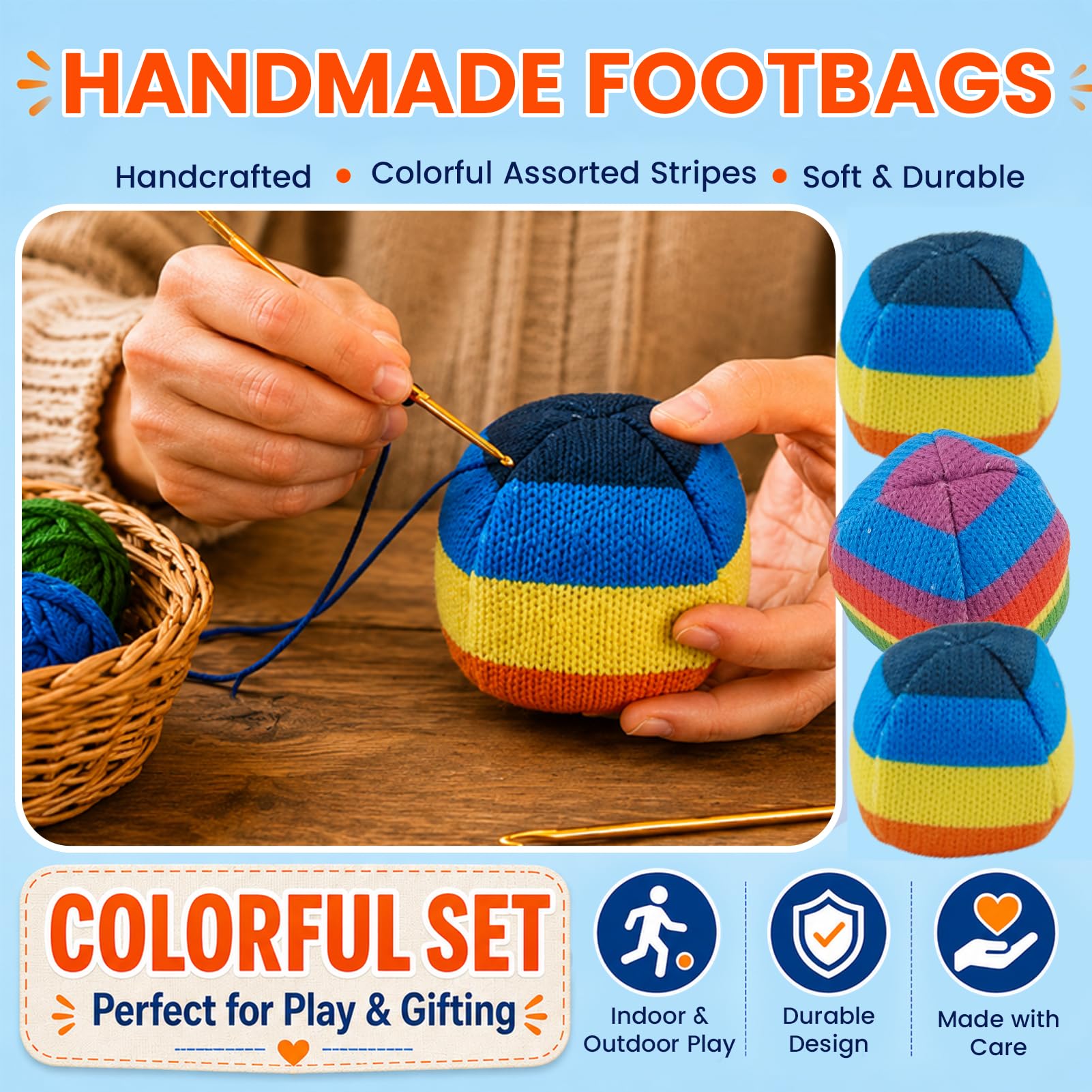 LeilieCSC Crochet Footbag 3 Pack, Hand-Crocheted Cotton Yarn Kick Balls for Kids, Teens and Adults, Soft Juggling Balls for Outdoor Games