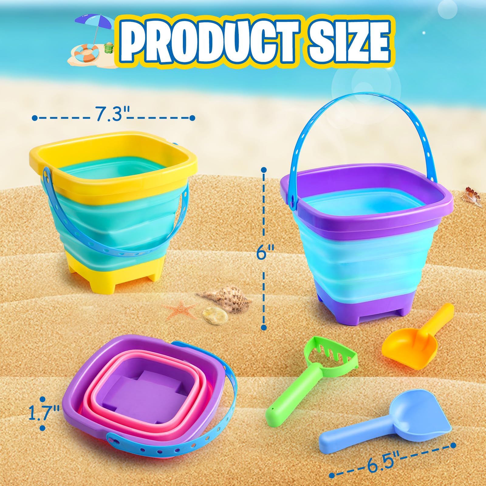 Beach Toys Collapsible Sand Toys 6 PCS Sand Buckets Set for Beach, Pool