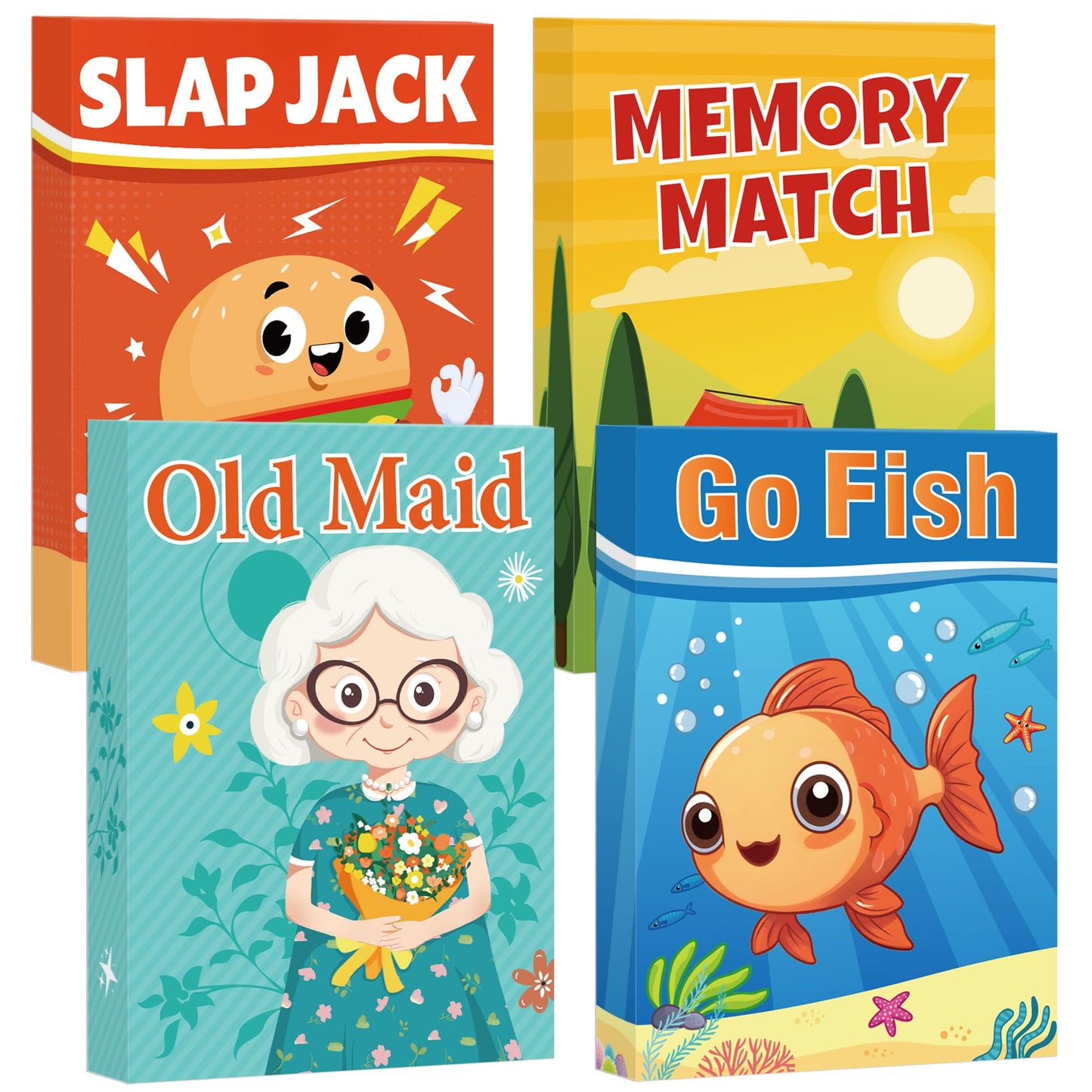 Etyishe Card Games for Kids Toddlers, Go Fish, Old Maid, Slap Jack and Memory Match, 4 Decks in 1 Pack, Fun Educational Gard Games for Family Game