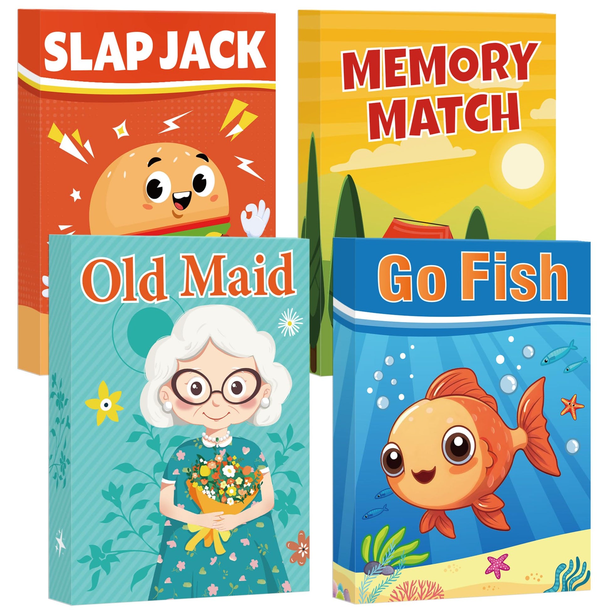 Etyishe Card Games for Kids Toddlers, Go Fish, Old Maid, Slap Jack and Memory Match, 4 Decks in 1 Pack, Fun Educational Gard Games for Family Game