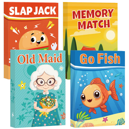 Etyishe Card Games for Kids Toddlers, Go Fish, Old Maid, Slap Jack and Memory Match, 4 Decks in 1 Pack, Fun Educational Gard Games for Family Game