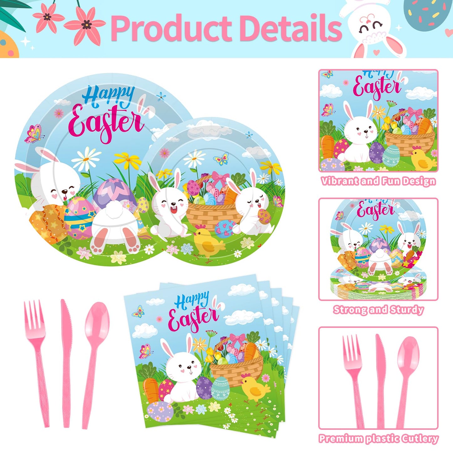 Jremreo 175 Pcs Easter Day Tableware Set - Serves 25, Happy Easter Bunny and Egg Disposable Plates, Cups, Napkins, Forks, Spoons, Knives for Spring