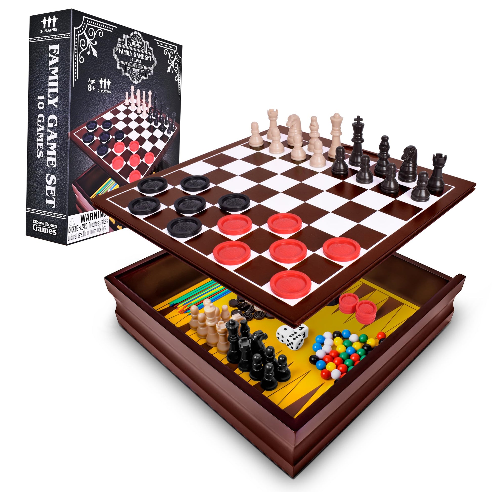 Elbow Room Games Family Game Set, 10 Classic Games with Wooden Storage Box and Built-in Game Boards, Endless Fun for Game Nights, Gatherings & Travel
