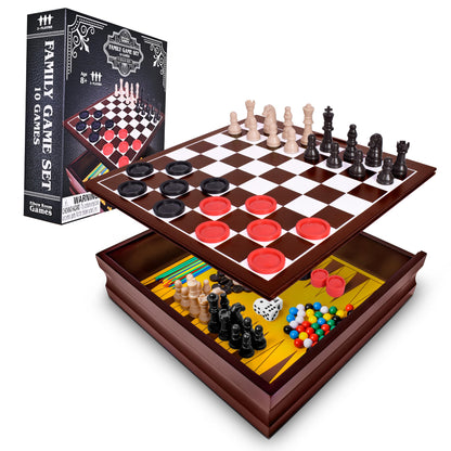 Elbow Room Games Family Game Set, 10 Classic Games with Wooden Storage Box and Built-in Game Boards, Endless Fun for Game Nights, Gatherings & Travel