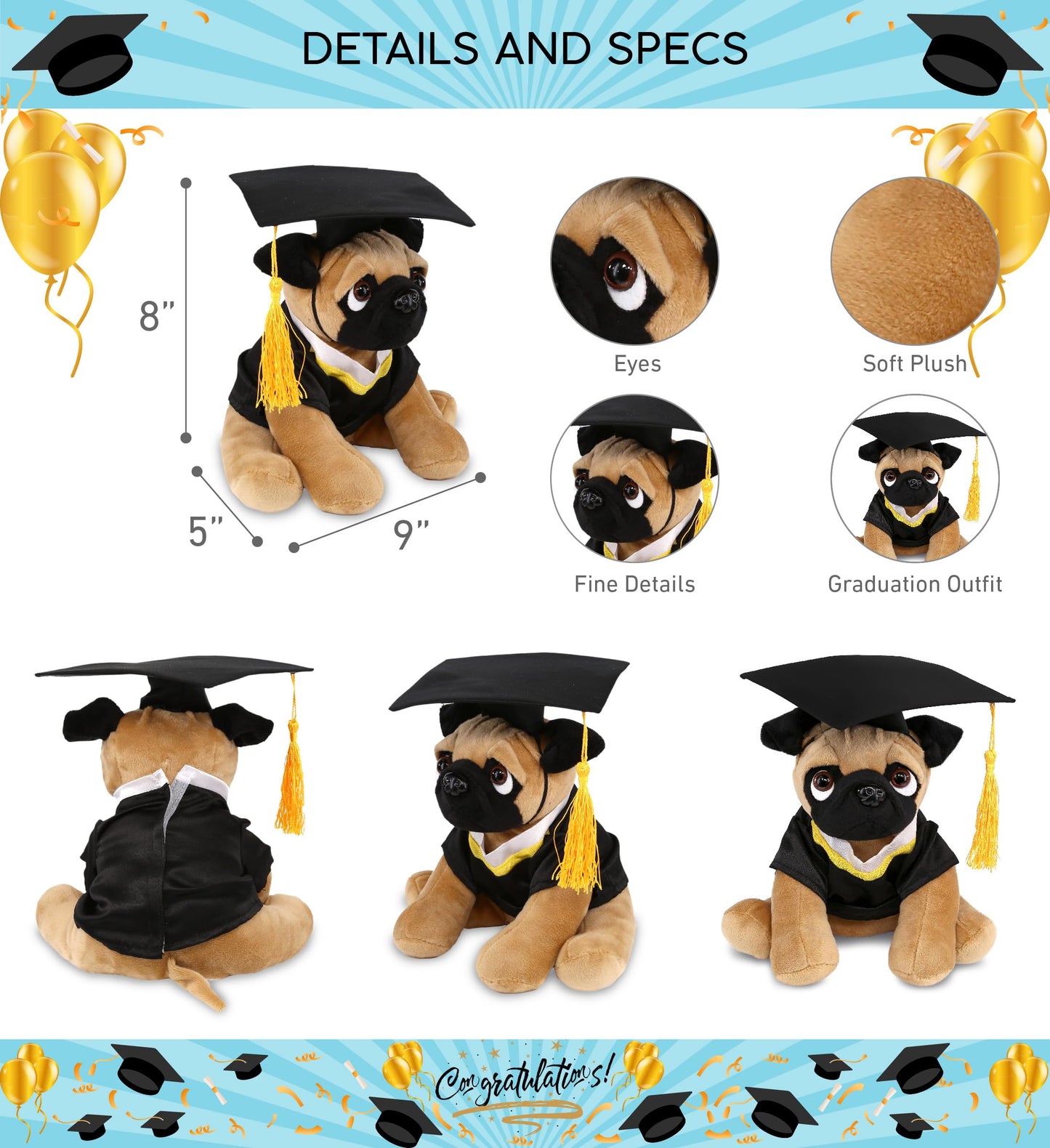 DolliBu Pug Dog Graduation Plush Toy - Super Soft Graduation Stuffed Animal Dress Up with Gown and Cap with Tassel Outfit - Gift with Personalization
