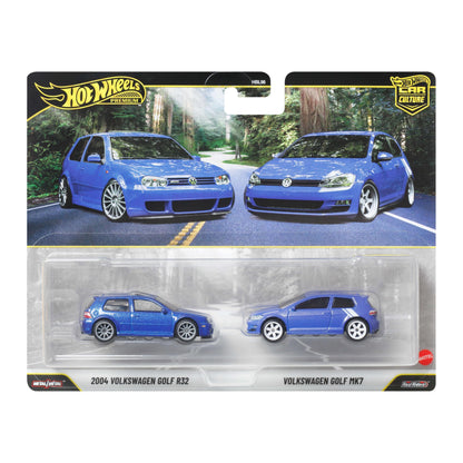 Hot Wheels Premium Car Culture Pack with Two Vehicles (2004 Volkswagen Golf R32 & Volkswagen Golf MK7) to 1:64 Scale, Real Riders, Metal/Metal