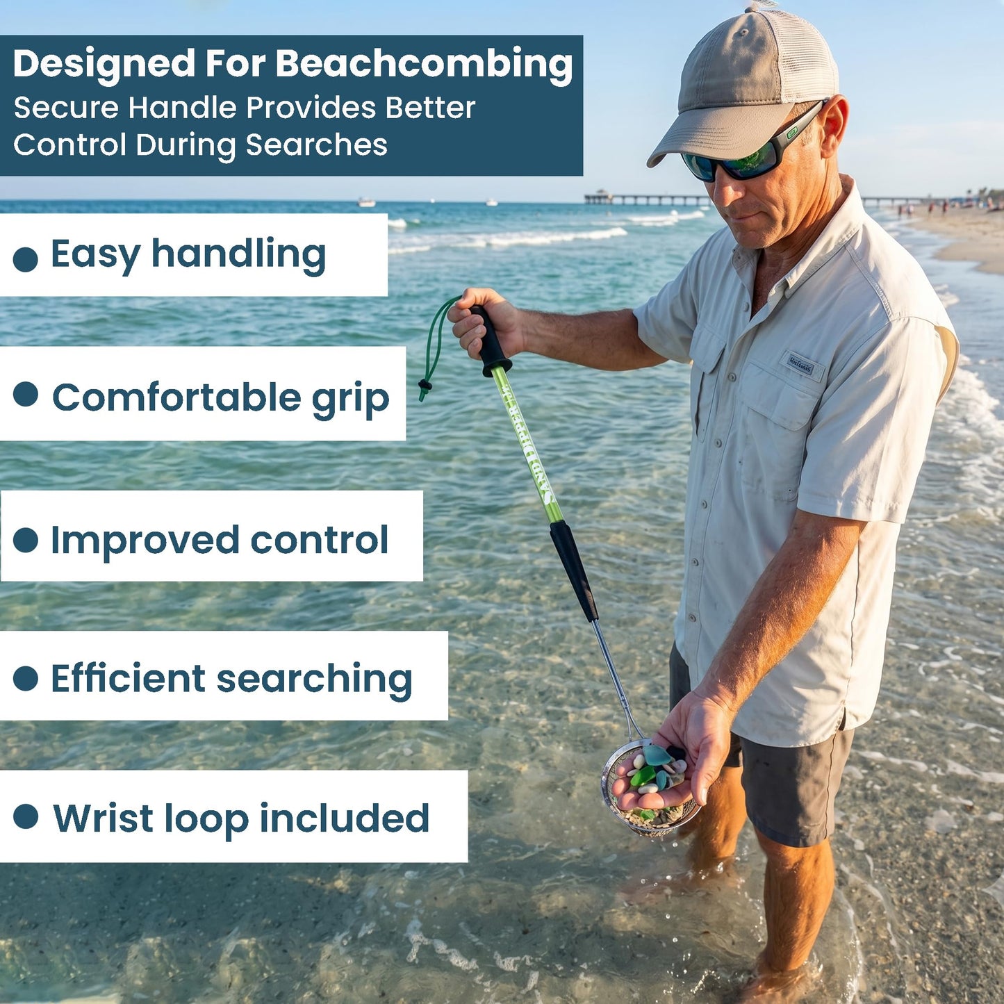 Sand Dipper Compact Beach Scoop for Shells, Sea Glass & Shark Teeth (Green, Round Basket)