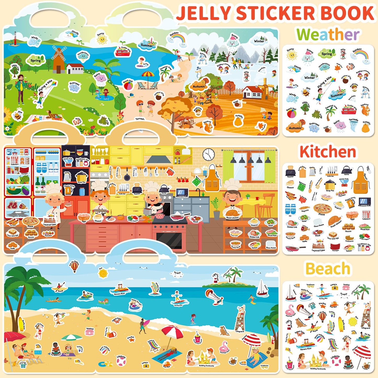 CREATIVETREES 6 Sets Reusable Sticker Book for Toddlers 3-6, Jelly Sticker Books for Toddler, Travel Sticker Activity Toys for Kids 3 4 5 6 Years Old