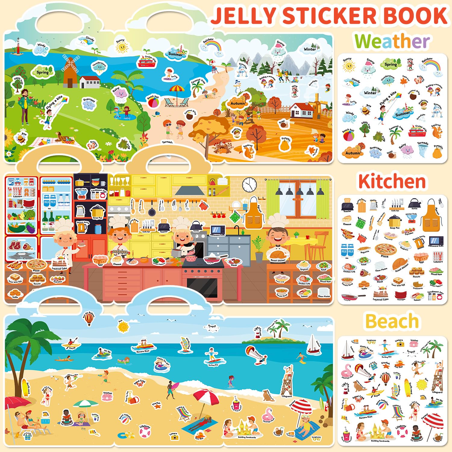 CREATIVETREES 6 Sets Reusable Sticker Book for Toddlers 3-6, Jelly Sticker Books for Toddler, Travel Sticker Activity Toys for Kids 3 4 5 6 Years Old