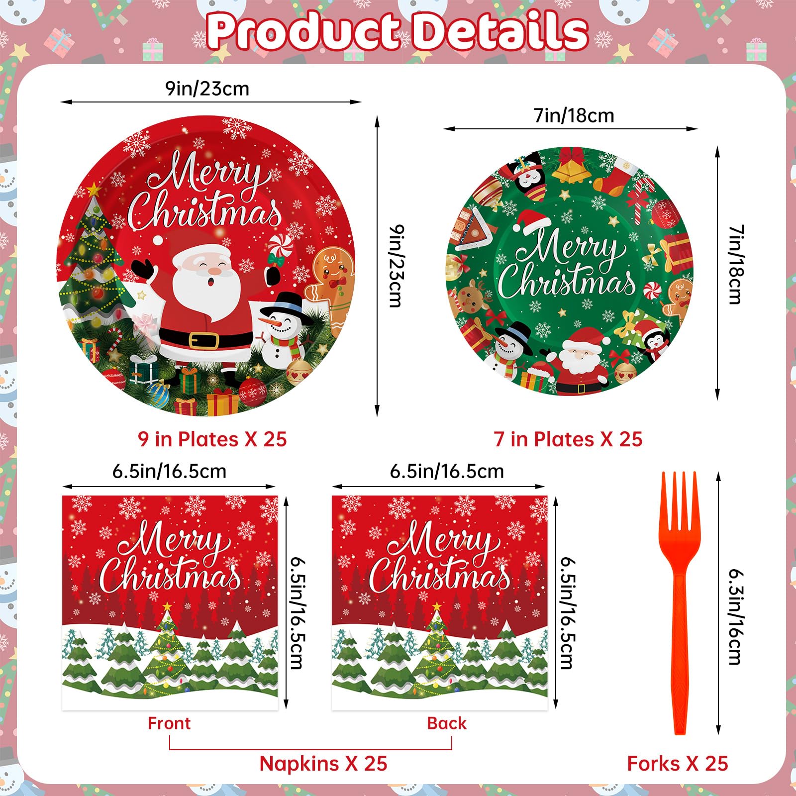 100 Pcs Merry Christmas Plates and Napkins Sets - Cute Winter Christmas Round Tableware, Disposable Chrismas Paper Plates and Napkins Forks for Xmas