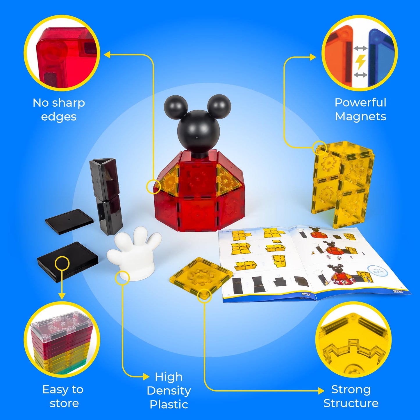 Tytan Toys Official Disney Mickey Mouse Toy Clubhouse Magnetic Tile Set, 37-Piece STEAM Building Toy for Kids 3+, Mickey Mouse Clubhouse Toys