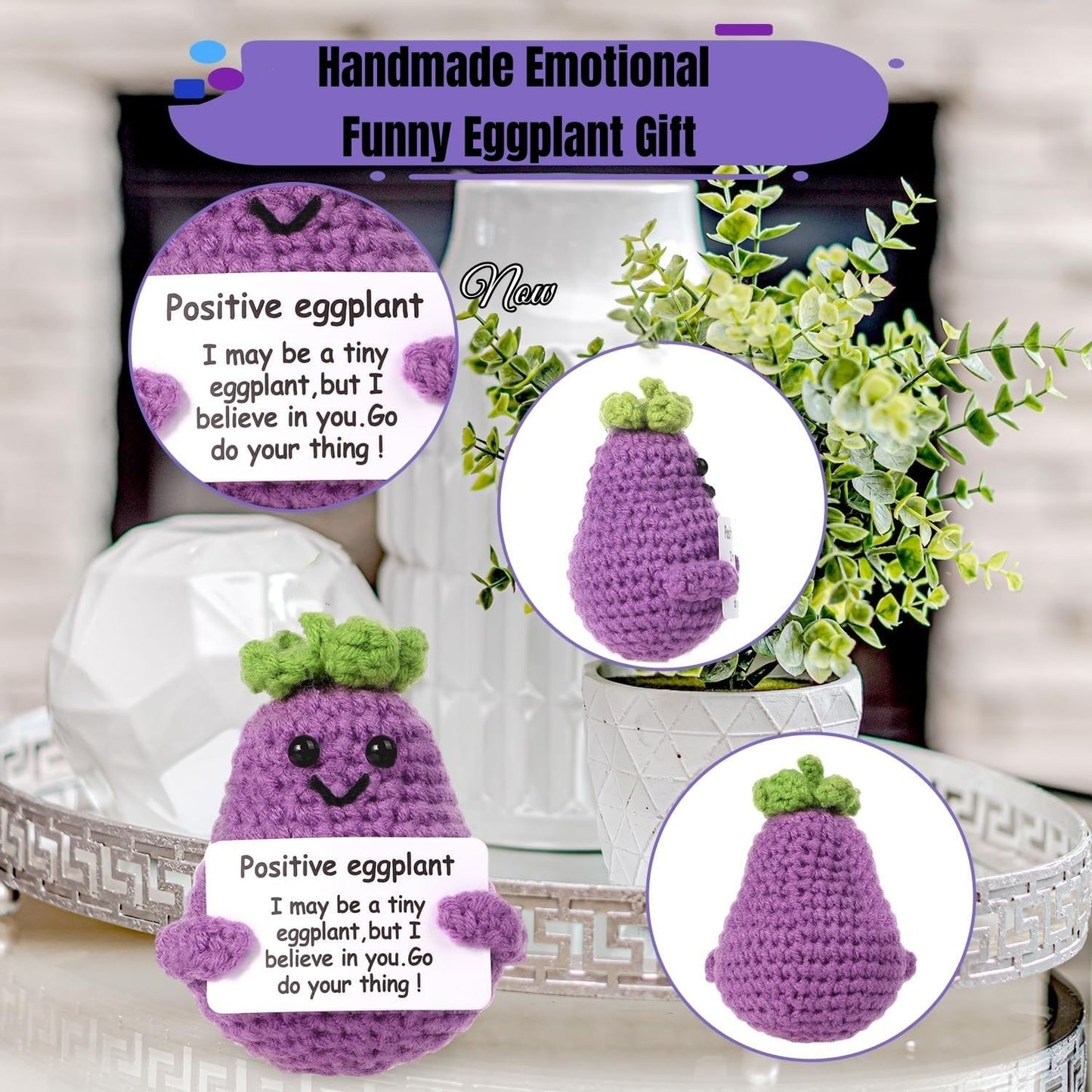 BFYCHYC Handmade Emotional Funny Eggplant Gift, Creative Cute Wool Eggplant Doll with Positive Card, Crochet Gifts, Office and Home Decoration for