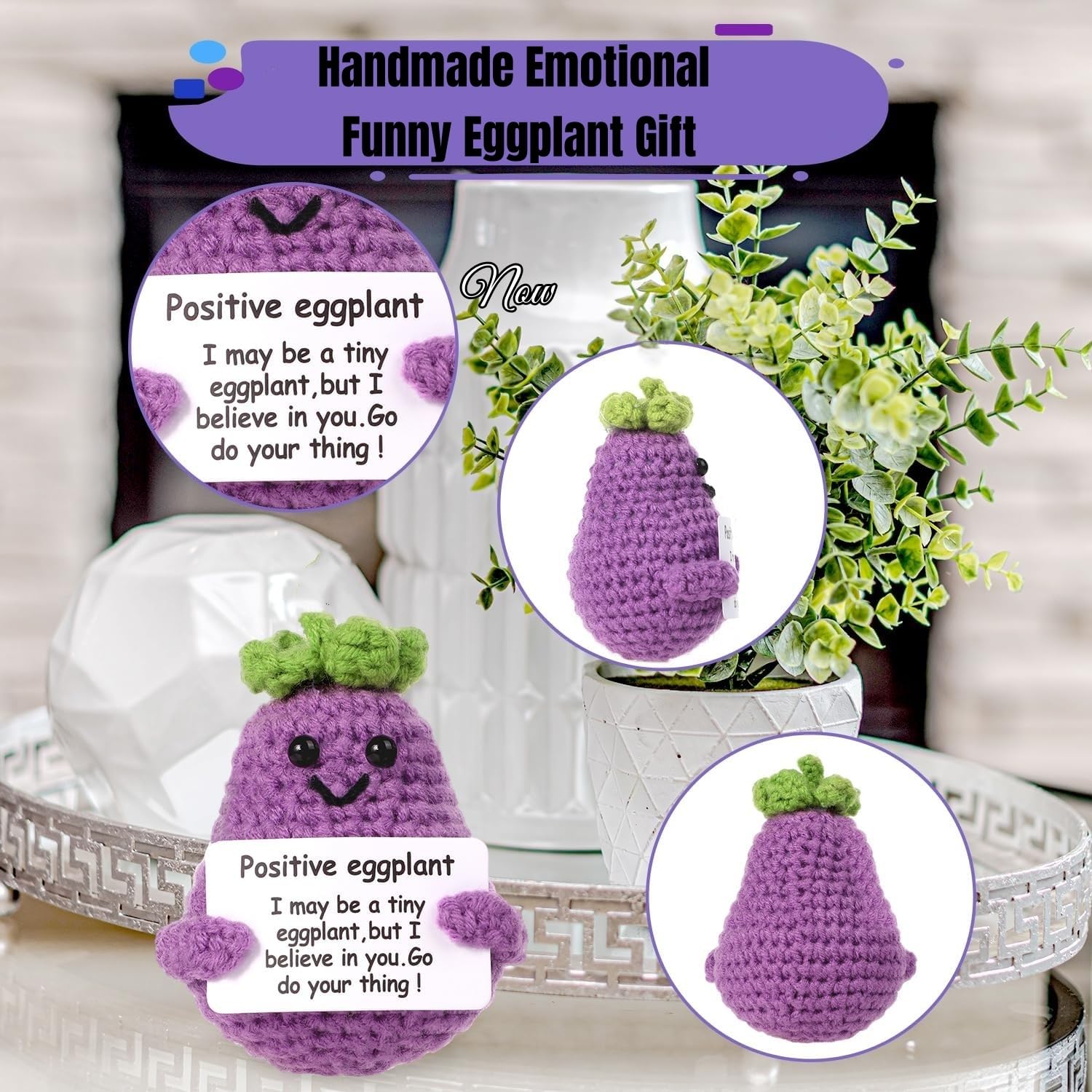 BFYCHYC Handmade Emotional Funny Eggplant Gift, Creative Cute Wool Eggplant Doll with Positive Card, Crochet Gifts, Office and Home Decoration for