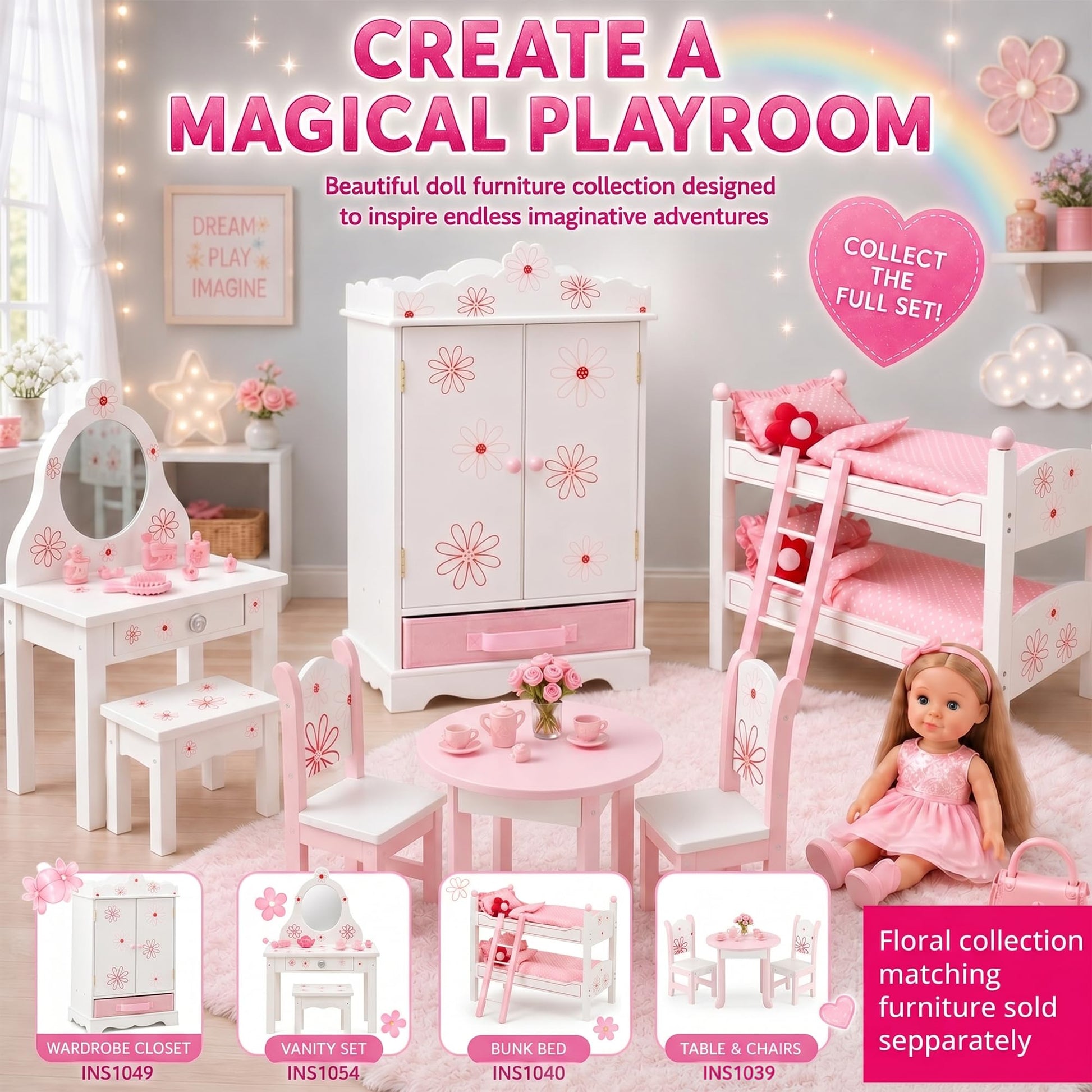 Emily Rose 18 Inch Doll Clothes Storage Wardrobe Closet Organizer - Floral